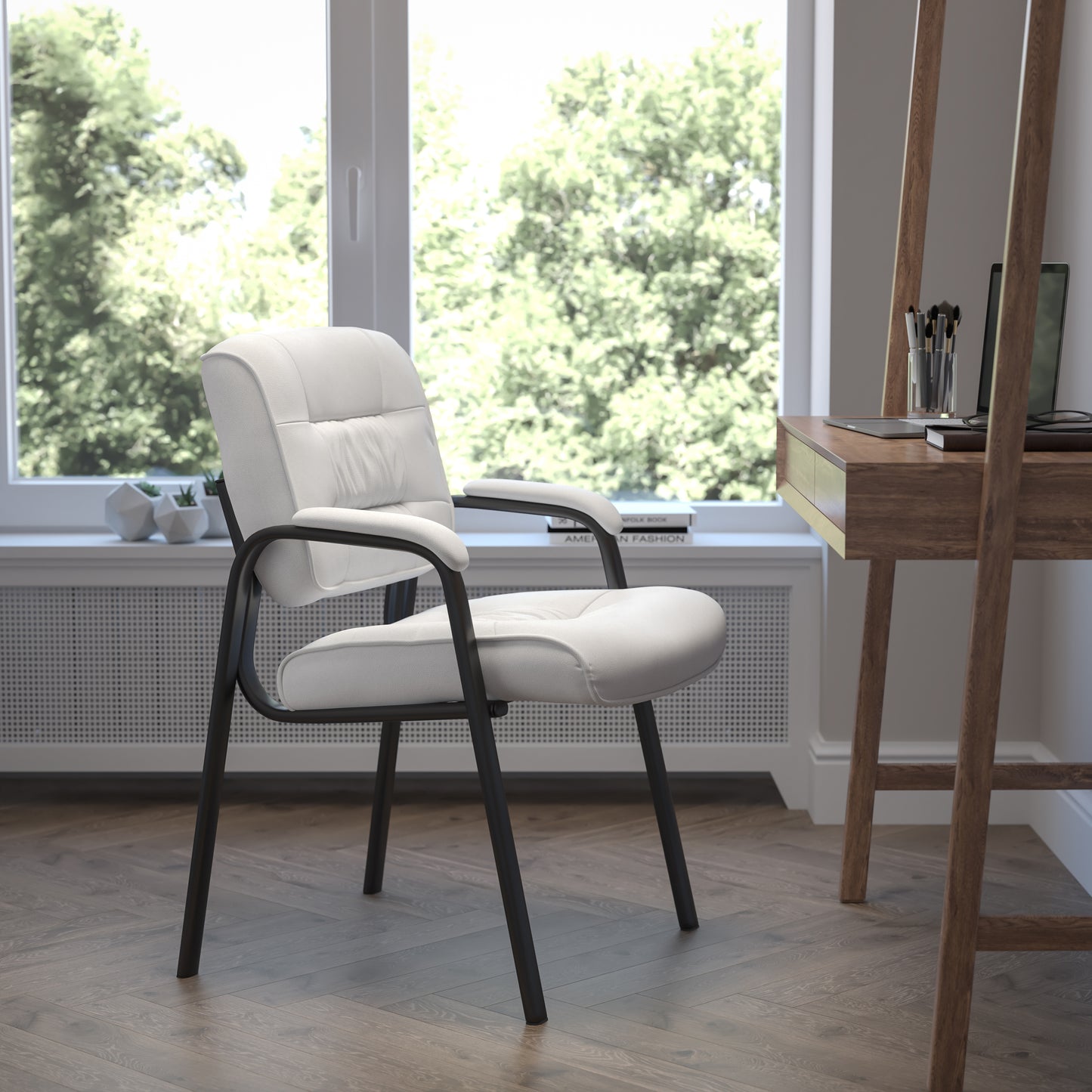 Haeger White LeatherSoft Executive Side Reception Chair with Black Metal Frame White LeatherSoft/Black Frame