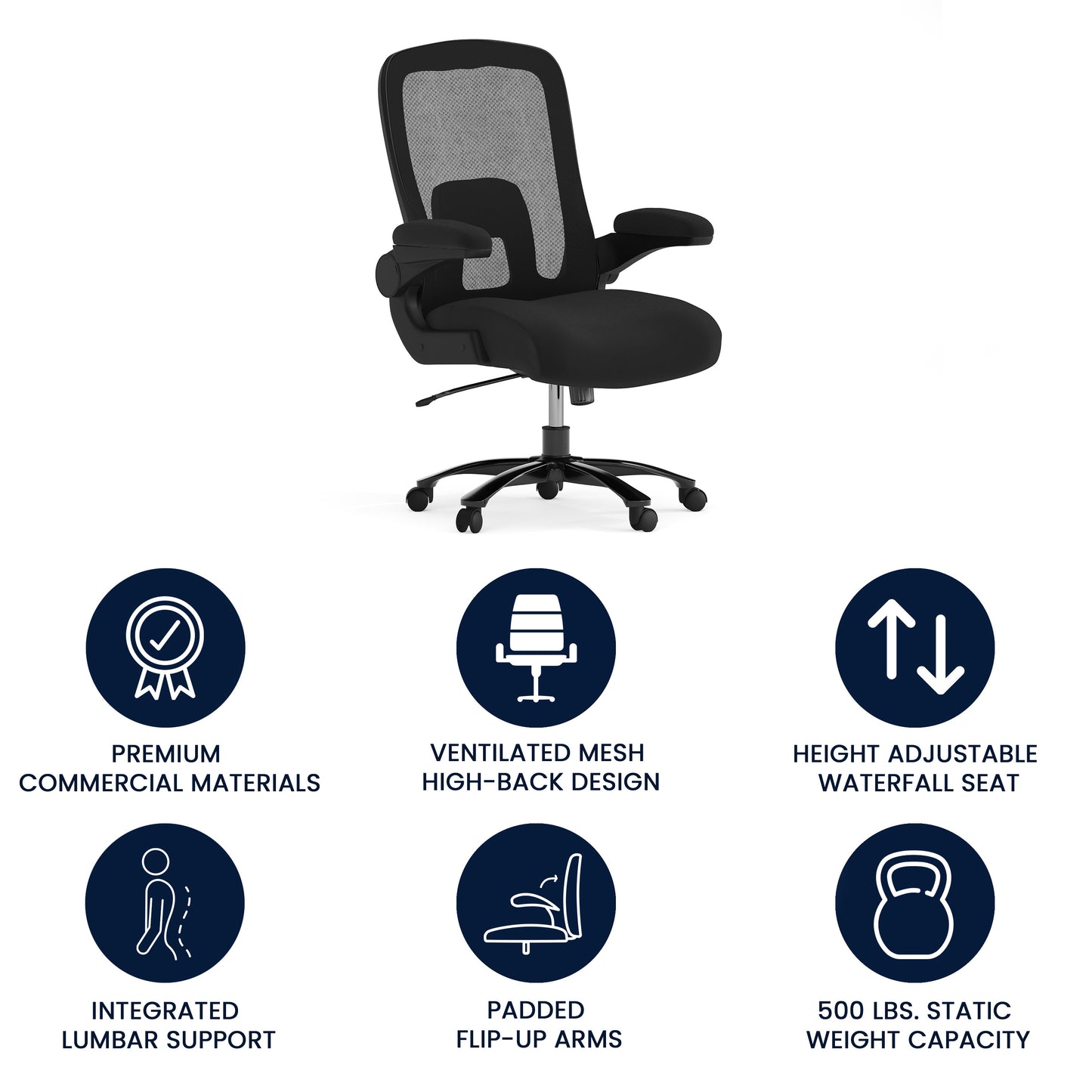 Big & Tall Office Chair| Black Mesh Executive Swivel Office Chair with Lumbar and Back Support and Wheels Black Fabric