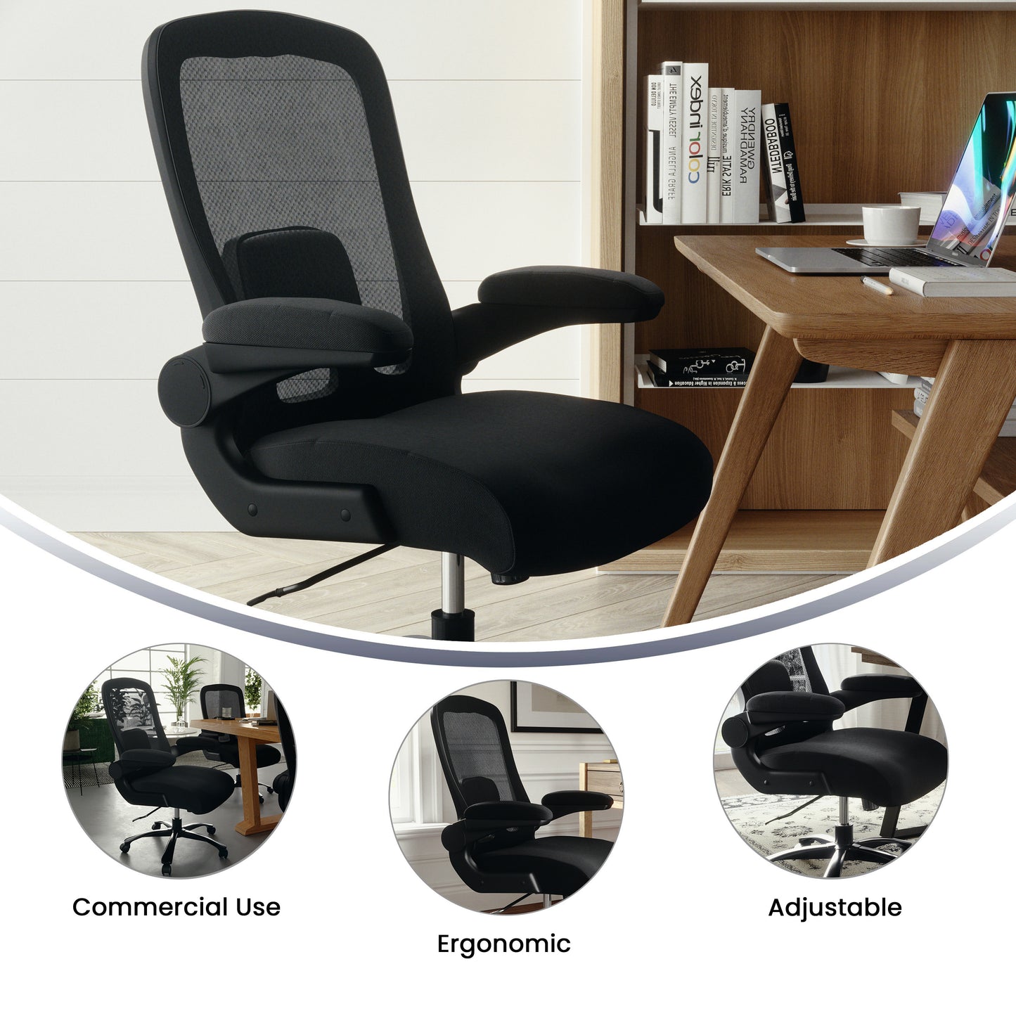 Big & Tall Office Chair| Black Mesh Executive Swivel Office Chair with Lumbar and Back Support and Wheels Black Fabric