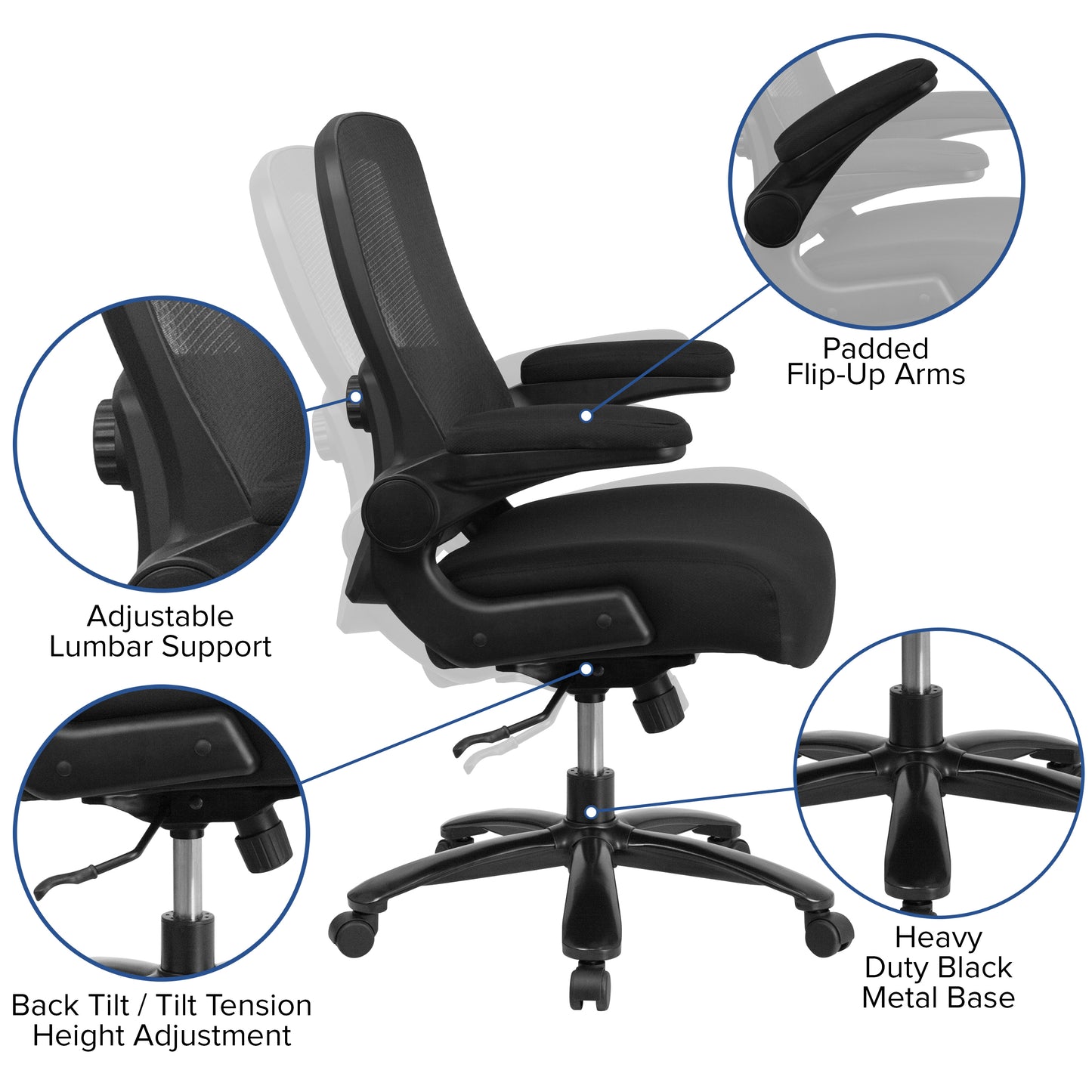 Big & Tall Office Chair| Black Mesh Executive Swivel Office Chair with Lumbar and Back Support and Wheels Black Fabric