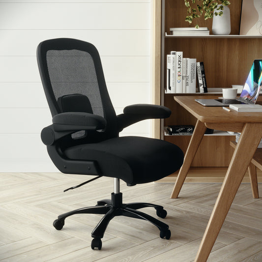 Big & Tall Office Chair| Black Mesh Executive Swivel Office Chair with Lumbar and Back Support and Wheels Black Fabric BT-20180-GG