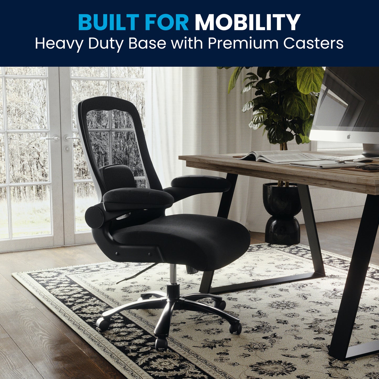 Big & Tall Office Chair| Black Mesh Executive Swivel Office Chair with Lumbar and Back Support and Wheels Black Fabric
