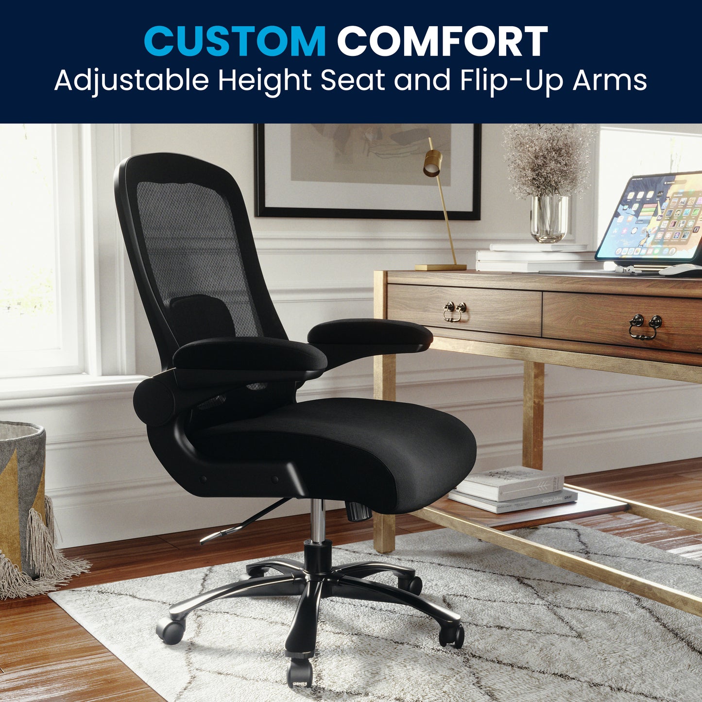 Big & Tall Office Chair| Black Mesh Executive Swivel Office Chair with Lumbar and Back Support and Wheels Black Fabric