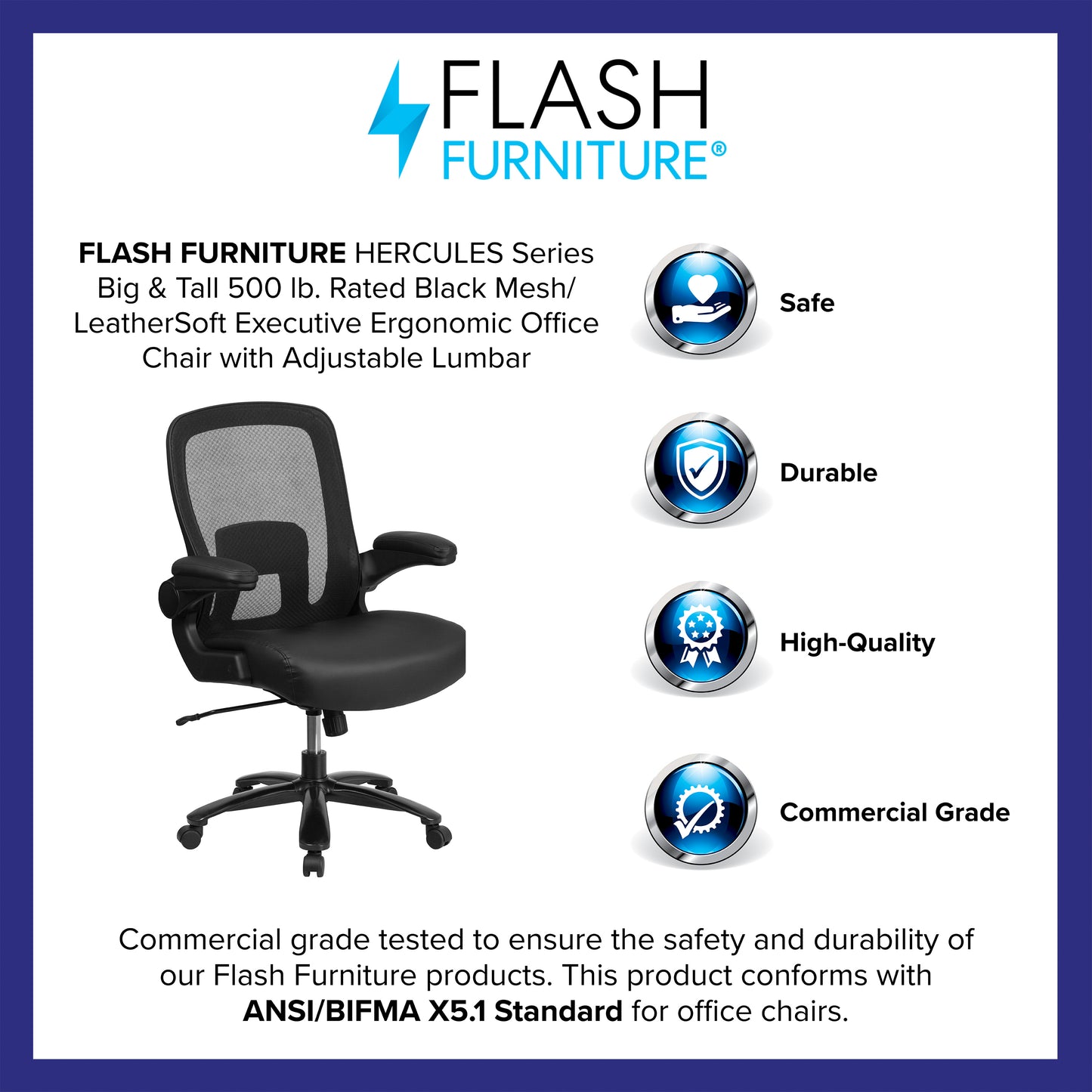 HERCULES Series Big & Tall 500 lb. Rated Black Mesh/LeatherSoft Executive Ergonomic Office Chair with Adjustable Lumbar Black LeatherSoft