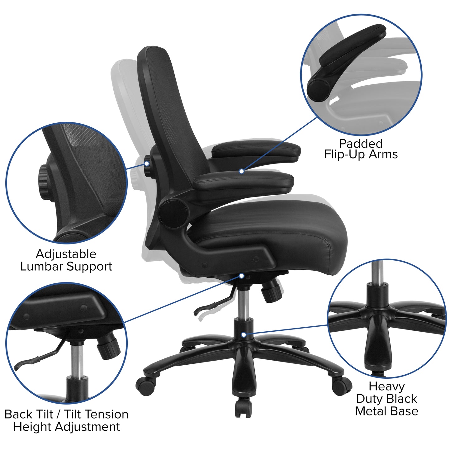 HERCULES Series Big & Tall 500 lb. Rated Black Mesh/LeatherSoft Executive Ergonomic Office Chair with Adjustable Lumbar Black LeatherSoft