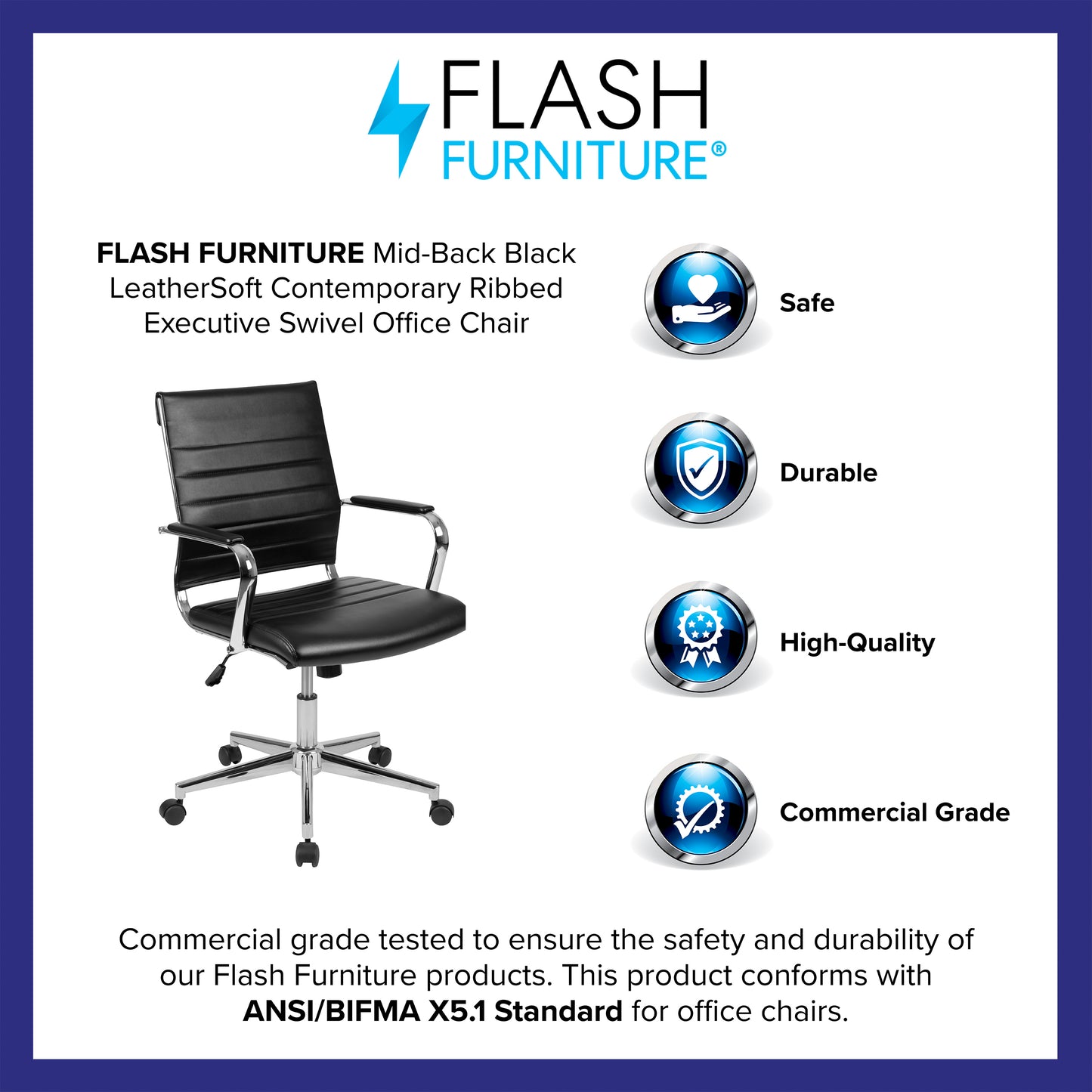 Hansel Mid-Back Black LeatherSoft Contemporary Ribbed Executive Swivel Office Chair Black