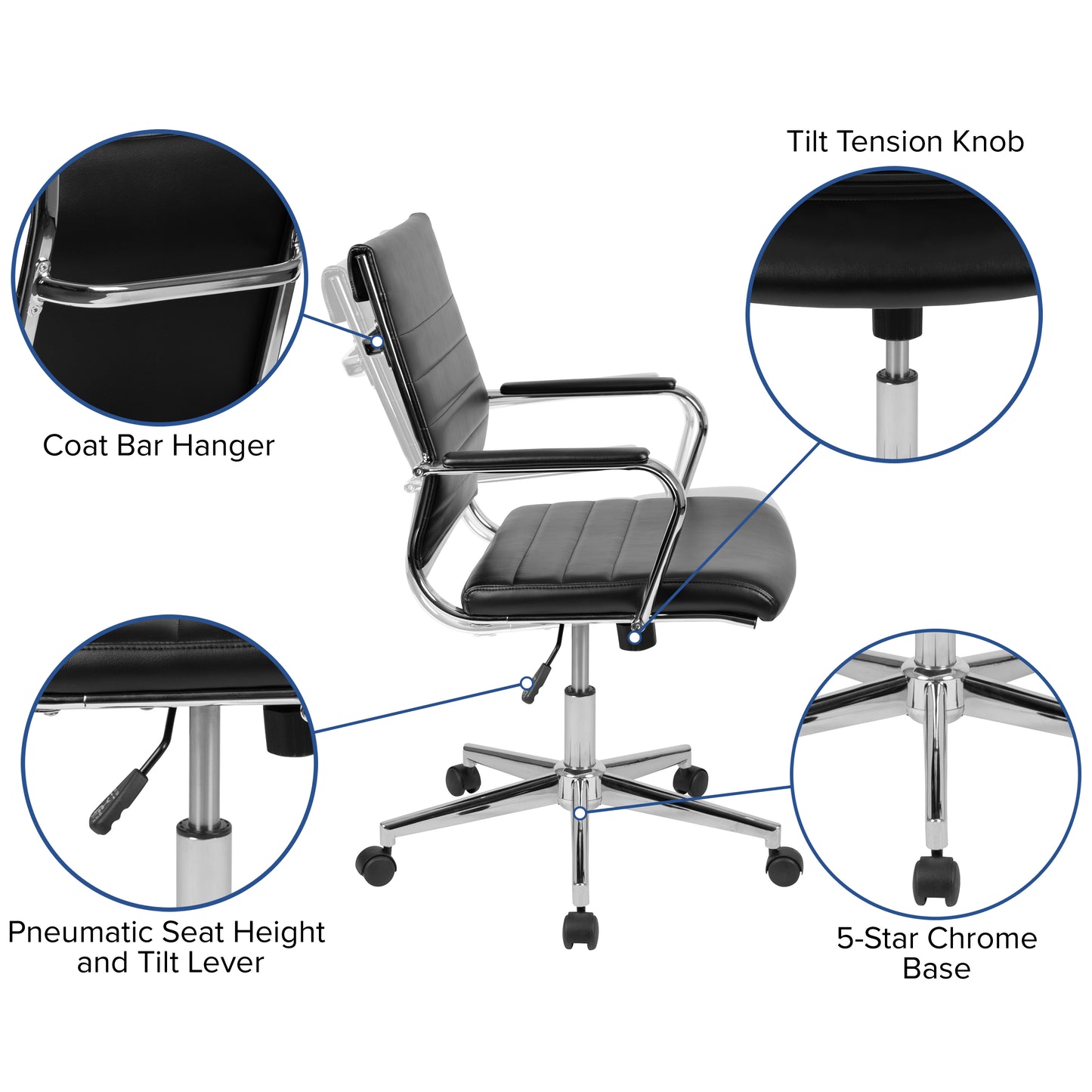 Hansel Mid-Back Black LeatherSoft Contemporary Ribbed Executive Swivel Office Chair Black