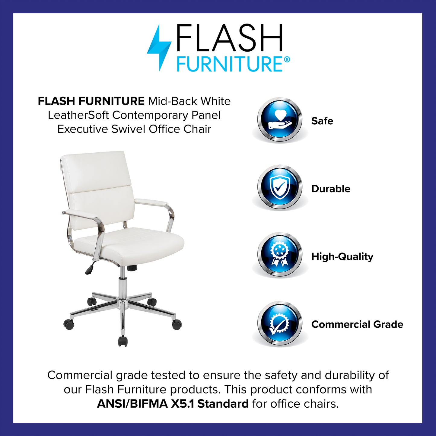 Hansel Mid-Back White LeatherSoft Contemporary Panel Executive Swivel Office Chair White