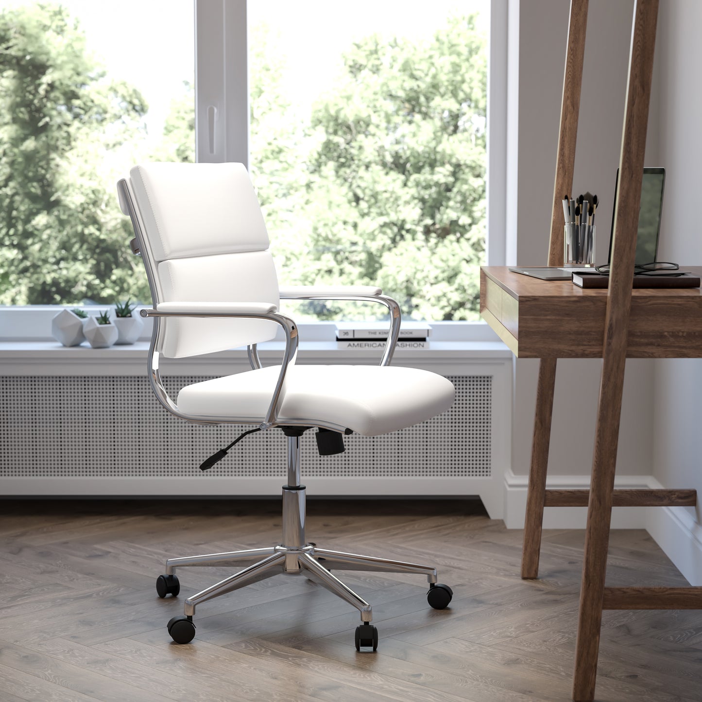 Hansel Mid-Back White LeatherSoft Contemporary Panel Executive Swivel Office Chair White