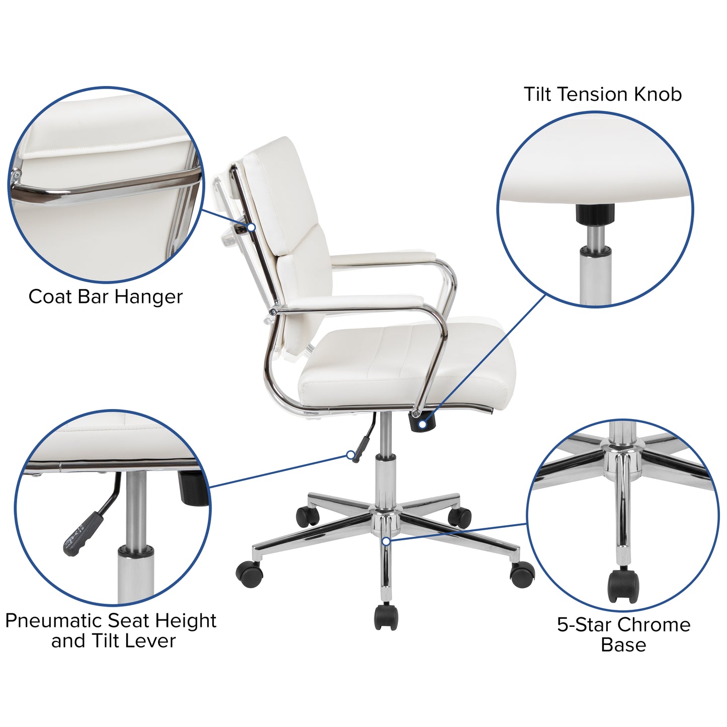 Hansel Mid-Back White LeatherSoft Contemporary Panel Executive Swivel Office Chair White