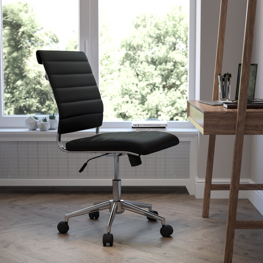 Hansel Mid-Back Armless Black LeatherSoft Contemporary Ribbed Executive Swivel Office Chair Black BT-20595M-NA-BK-GG