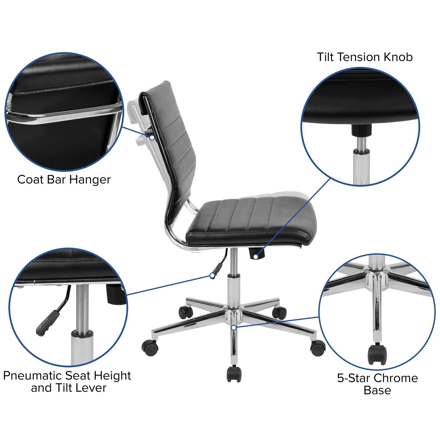 Hansel Mid-Back Armless Black LeatherSoft Contemporary Ribbed Executive Swivel Office Chair Black
