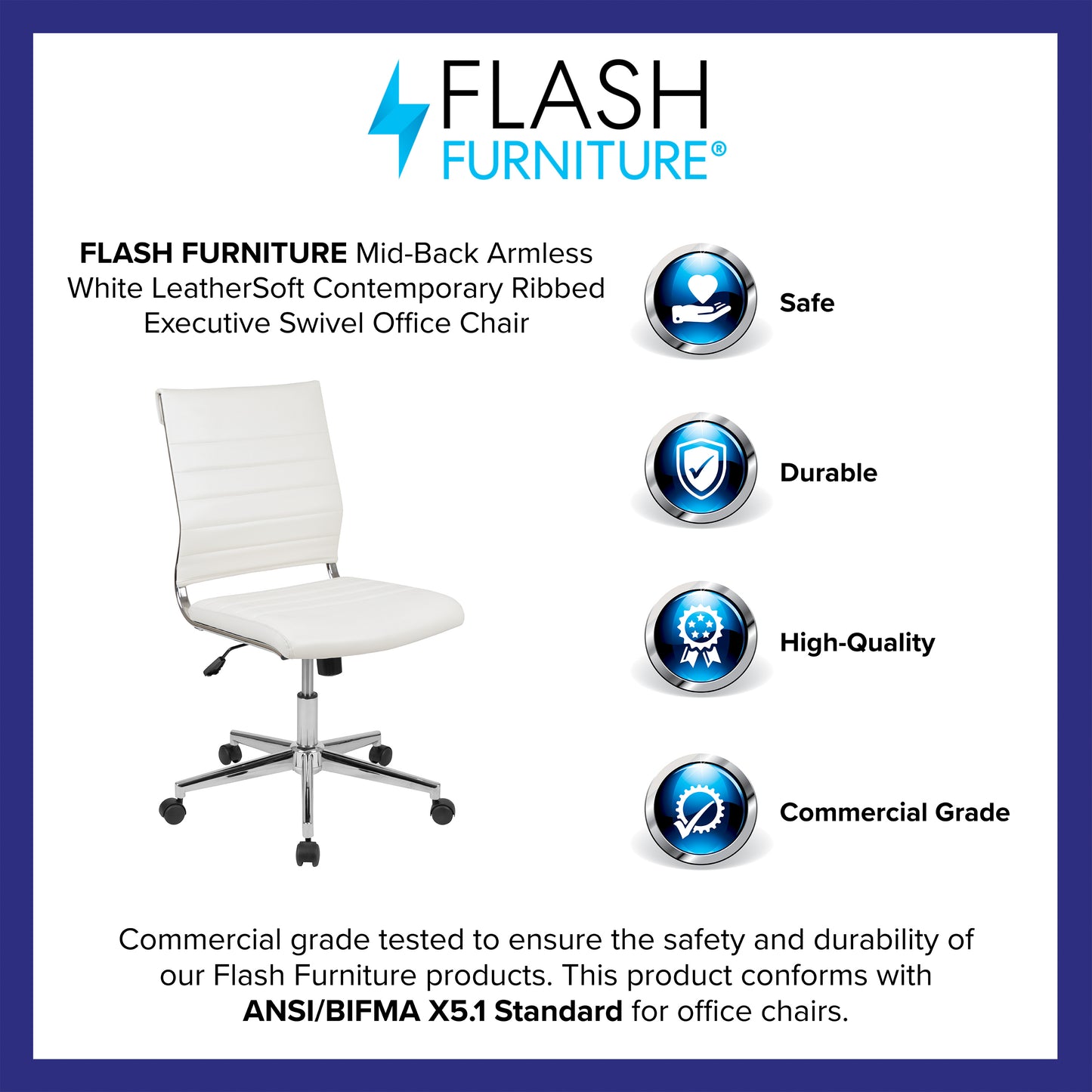 Hansel Mid-Back Armless White LeatherSoft Contemporary Ribbed Executive Swivel Office Chair White