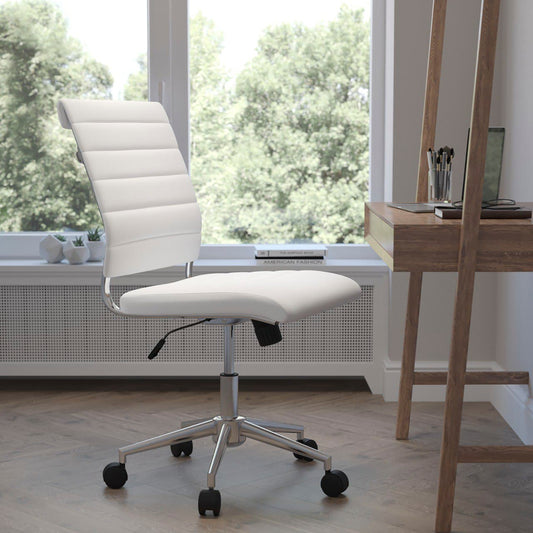 Hansel Mid-Back Armless White LeatherSoft Contemporary Ribbed Executive Swivel Office Chair White BT-20595M-NA-WH-GG