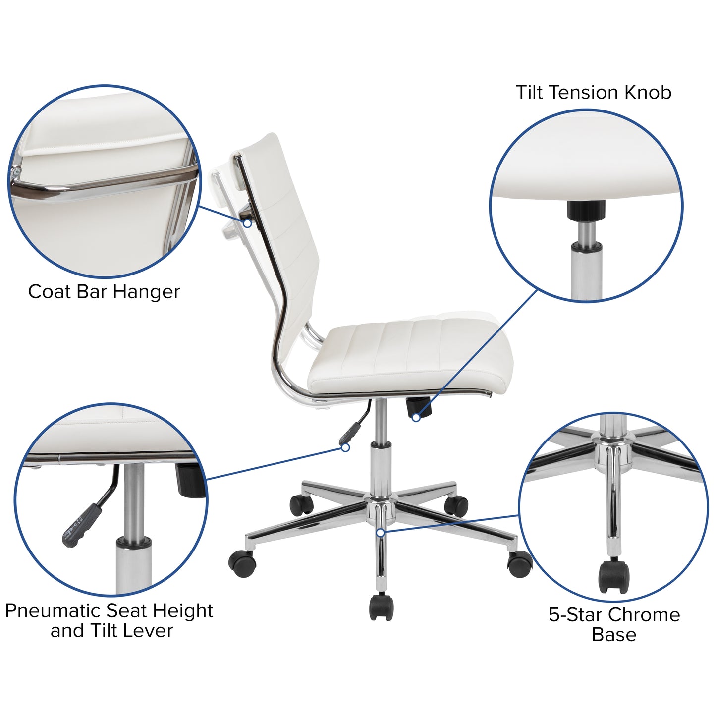 Hansel Mid-Back Armless White LeatherSoft Contemporary Ribbed Executive Swivel Office Chair White