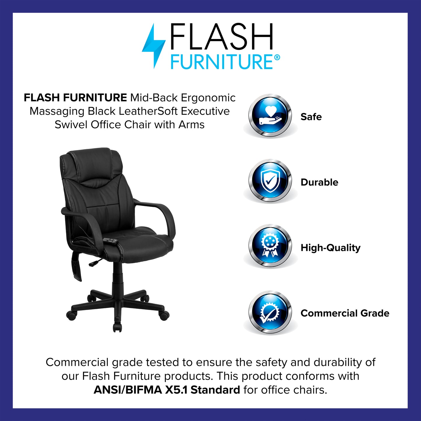 Laverne Mid-Back Ergonomic Massaging Black LeatherSoft Executive Swivel Office Chair with Arms Black