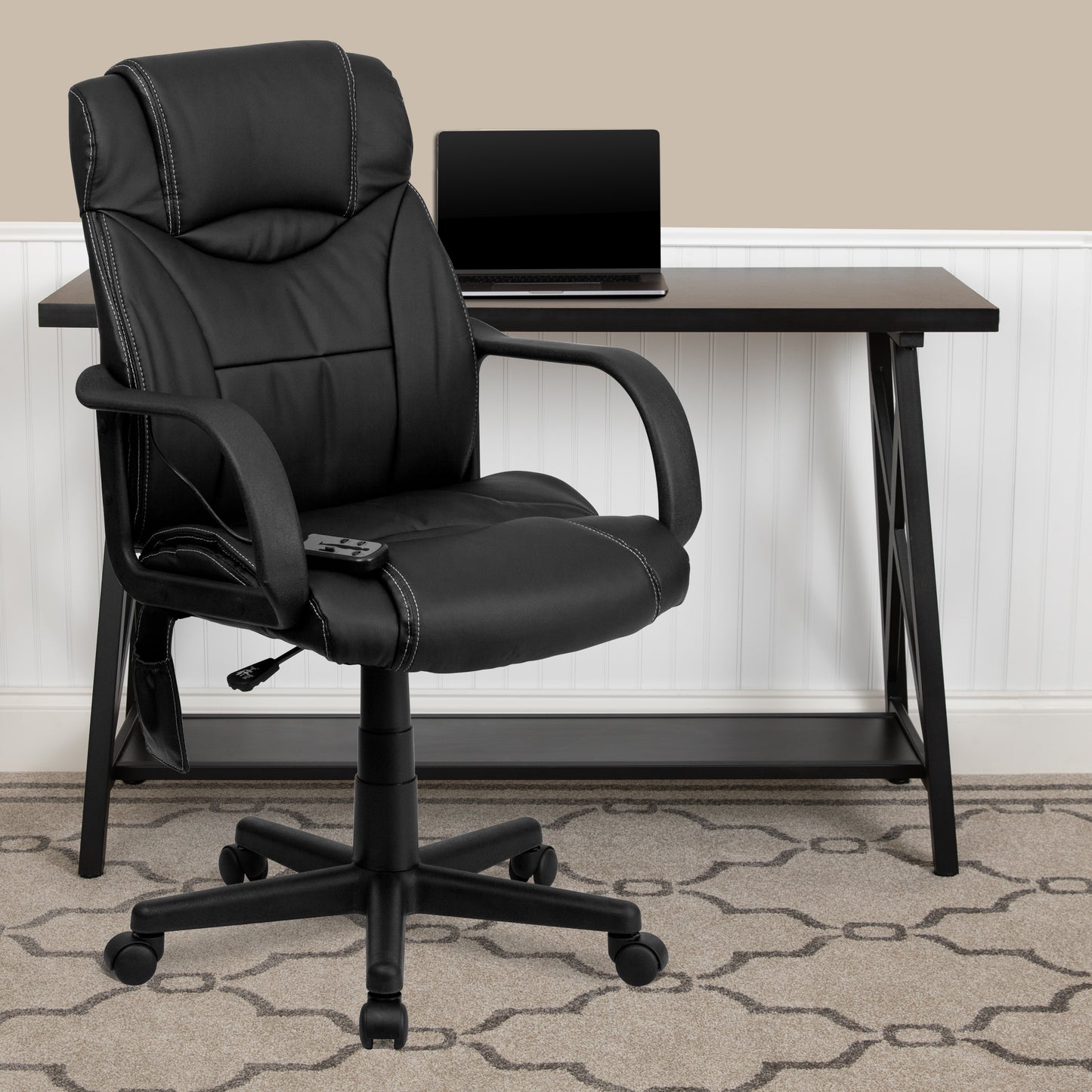 Laverne Mid-Back Ergonomic Massaging Black LeatherSoft Executive Swivel Office Chair with Arms Black