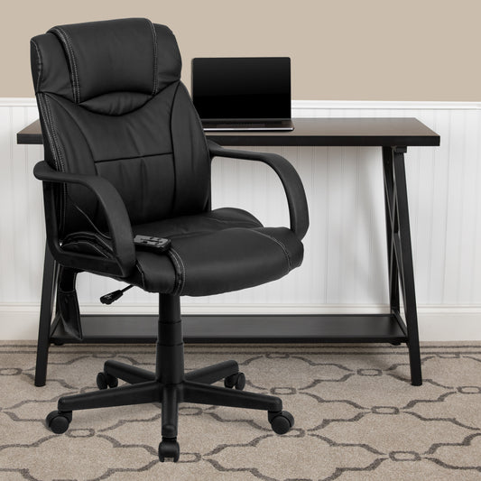 Laverne Mid-Back Ergonomic Massaging Black LeatherSoft Executive Swivel Office Chair with Arms Black BT-2690P-GG