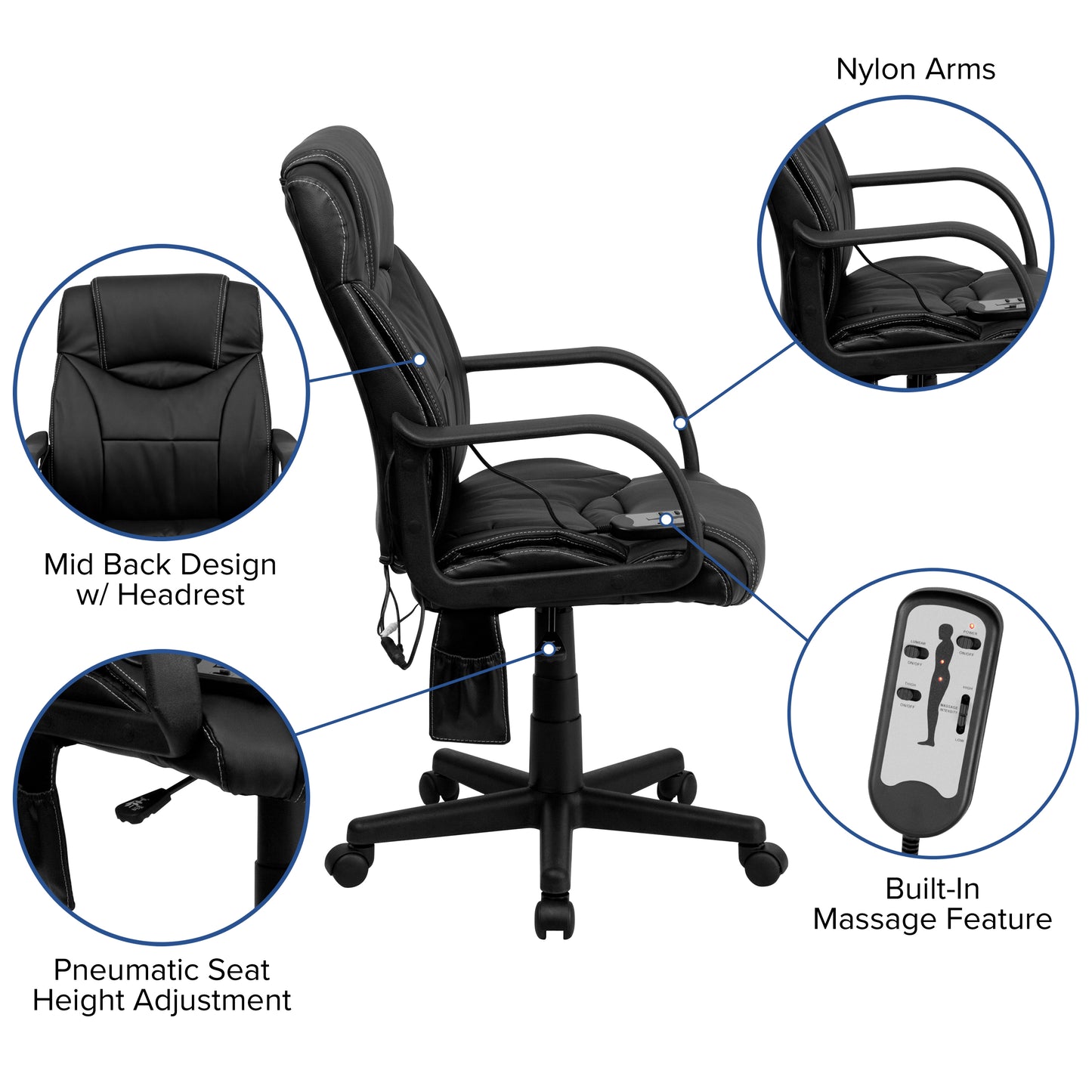 Laverne Mid-Back Ergonomic Massaging Black LeatherSoft Executive Swivel Office Chair with Arms Black