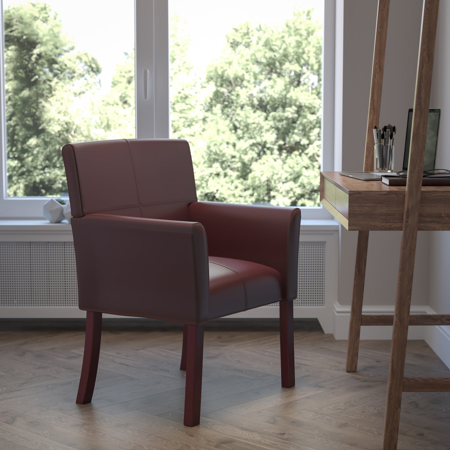 Taylor Burgundy LeatherSoft Executive Side Reception Chair with Mahogany Legs Burgundy