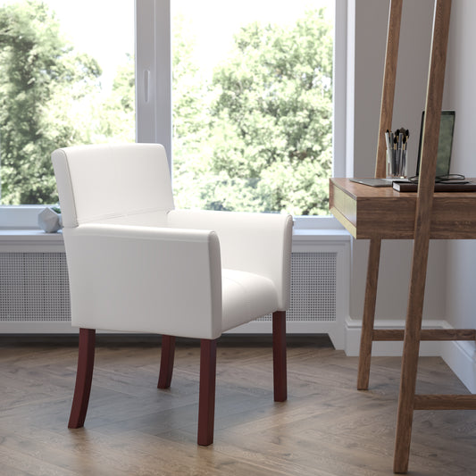 Taylor White LeatherSoft Executive Side Reception Chair with Mahogany Legs White