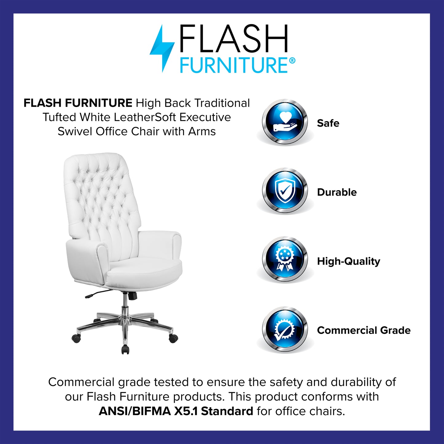 Rochelle High Back Traditional Tufted White LeatherSoft Executive Swivel Office Chair with Arms White