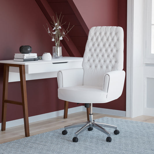Rochelle High Back Traditional Tufted White LeatherSoft Executive Swivel Office Chair with Arms White BT-444-WH-GG