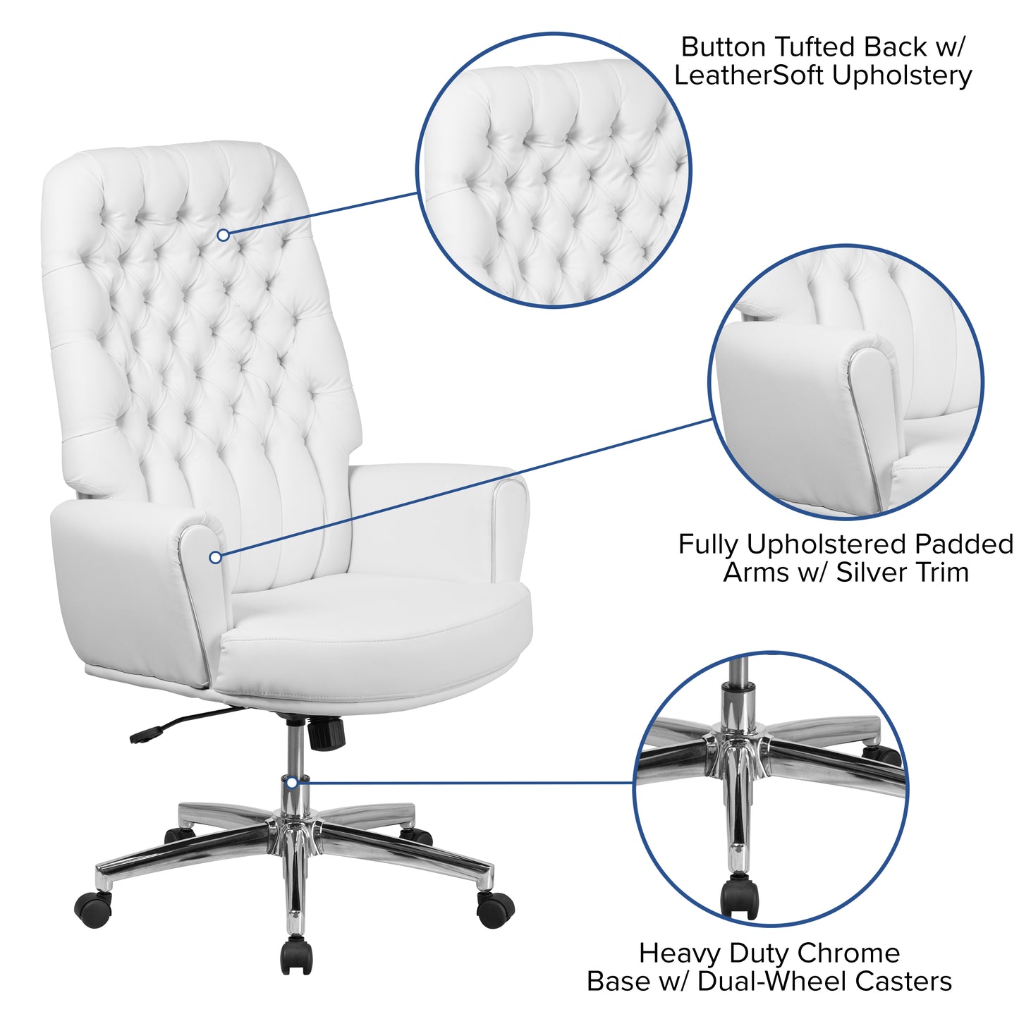 Rochelle High Back Traditional Tufted White LeatherSoft Executive Swivel Office Chair with Arms White