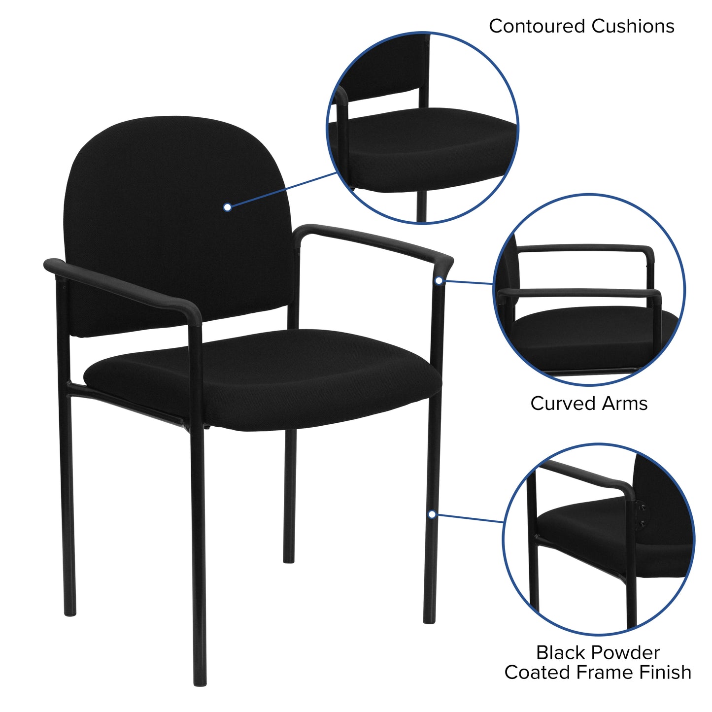 Tiffany Comfort Black Fabric Stackable Steel Side Reception Chair with Arms Black Fabric