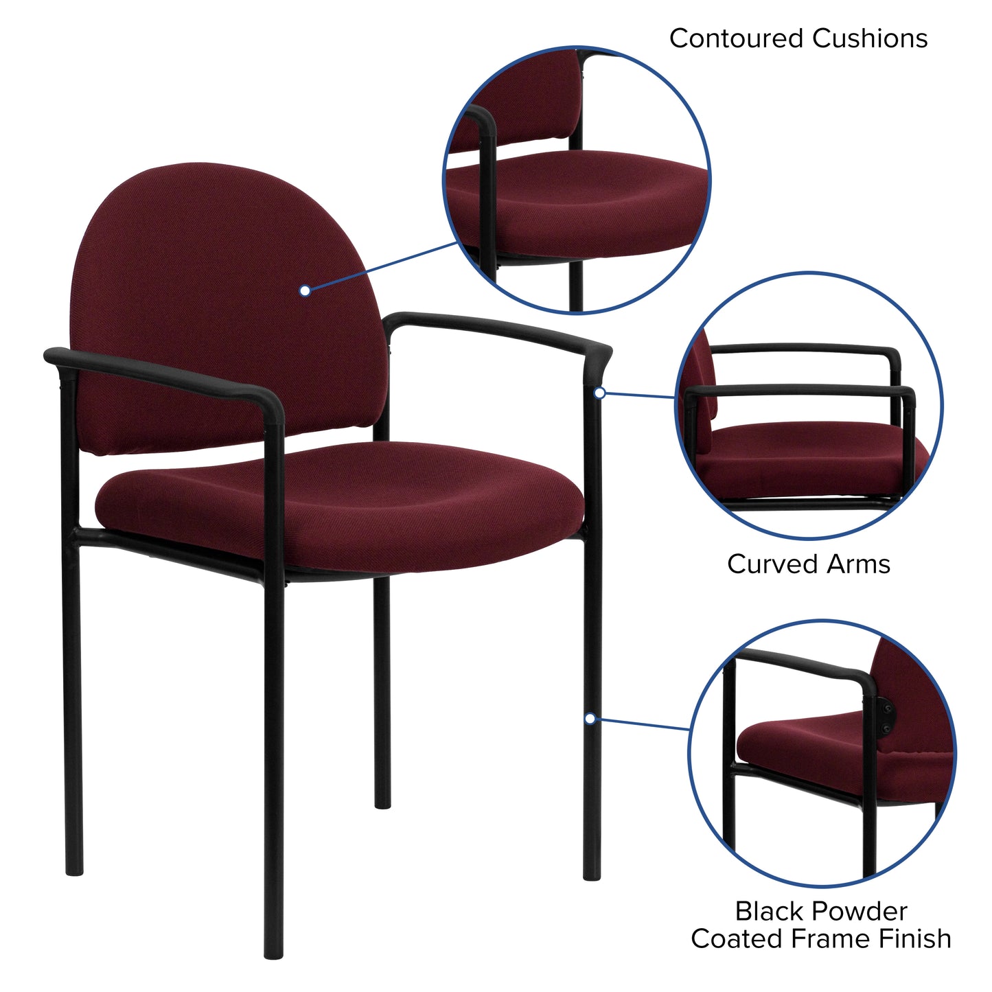 Tiffany Comfort Burgundy Fabric Stackable Steel Side Reception Chair with Arms Burgundy Fabric