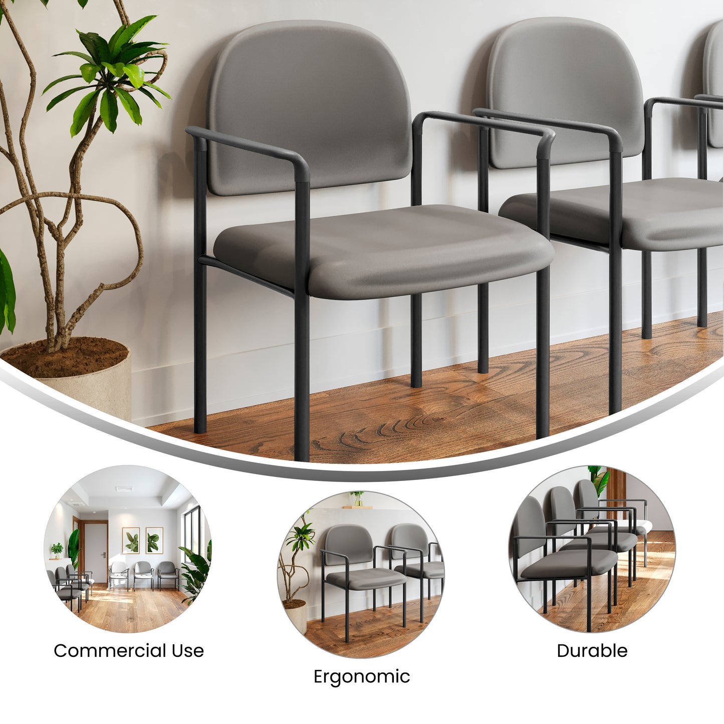 Tiffany Comfort Gray Vinyl Stackable Steel Side Reception Chair with Arms Gray Vinyl