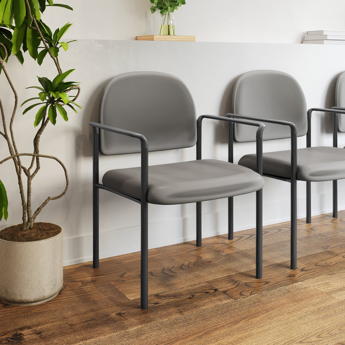 Tiffany Comfort Gray Vinyl Stackable Steel Side Reception Chair with Arms Gray Vinyl