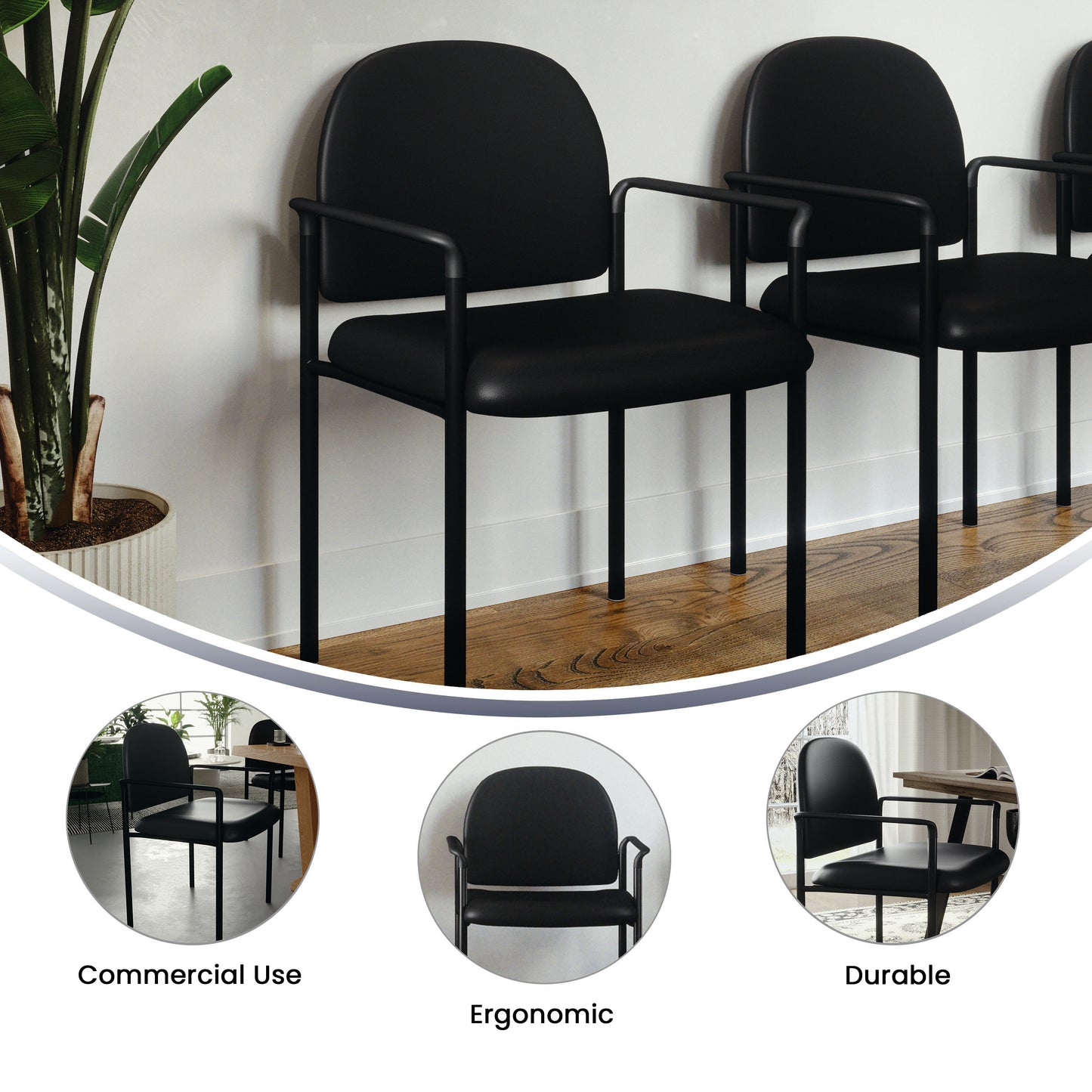 Tiffany Comfort Black Vinyl Stackable Steel Side Reception Chair with Arms Black Vinyl