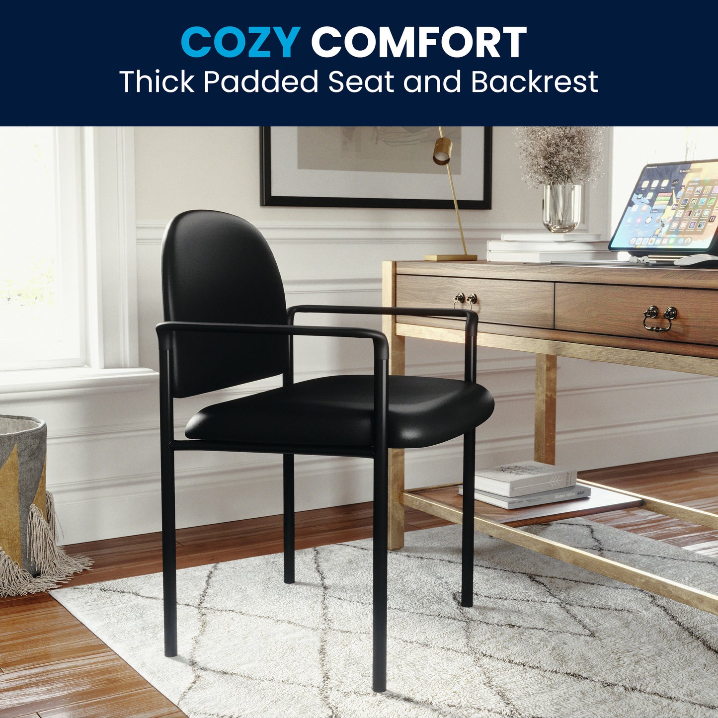 Tiffany Comfort Black Vinyl Stackable Steel Side Reception Chair with Arms Black Vinyl