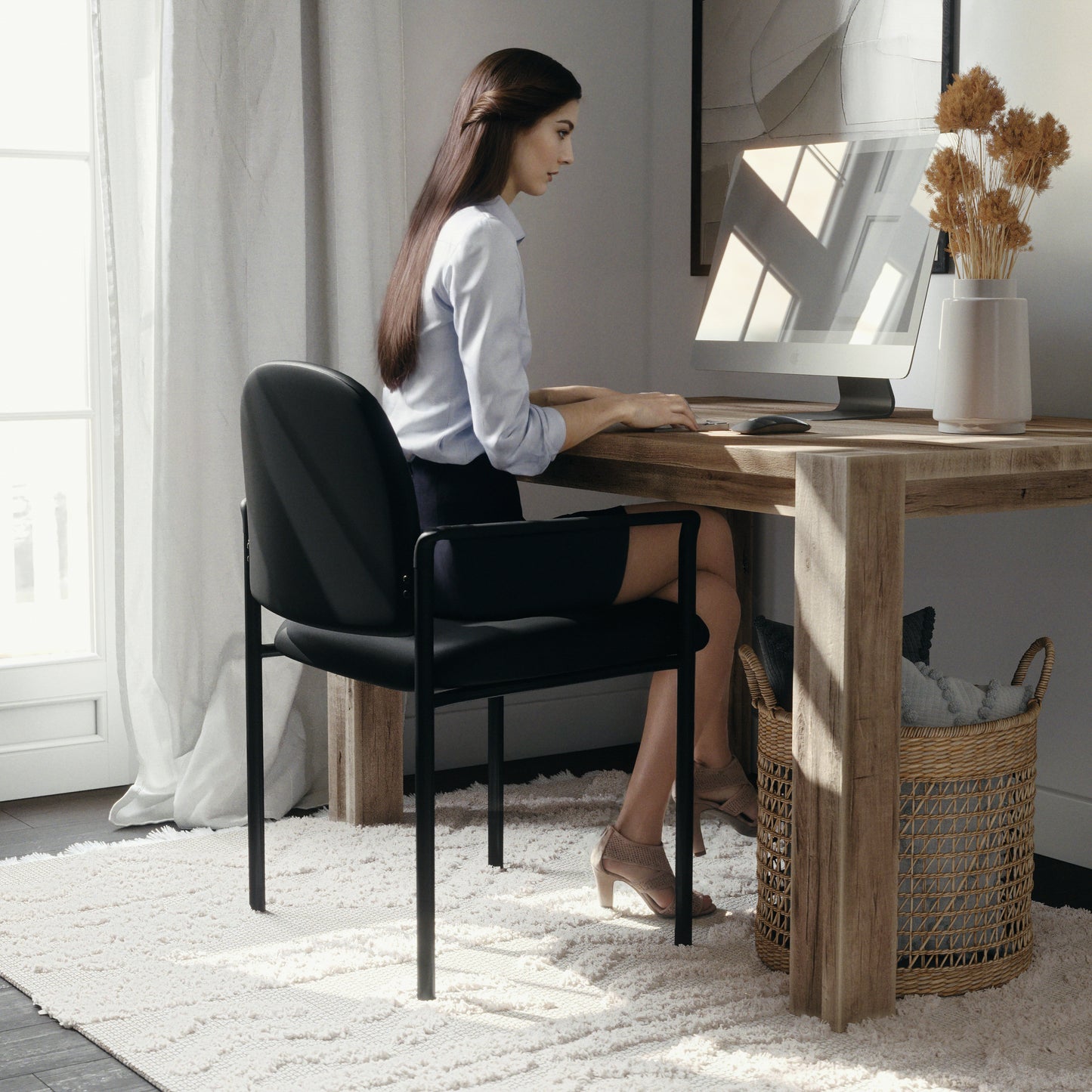 Tiffany Comfort Black Vinyl Stackable Steel Side Reception Chair with Arms Black Vinyl