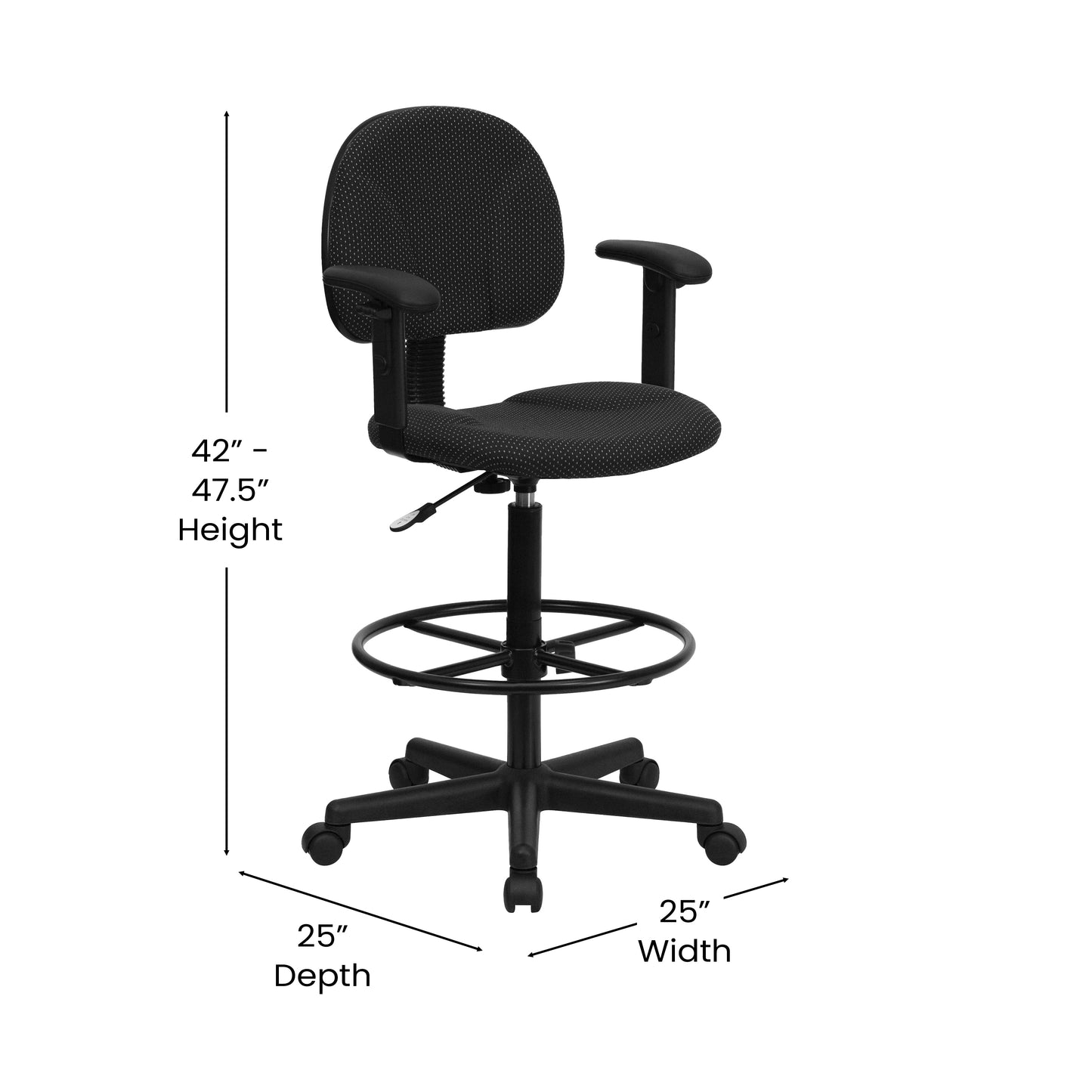 Bruce Black Patterned Fabric Drafting Chair with Adjustable Arms (Cylinders: 22.5''-27''H or 26''-30.5''H) Black Patterned