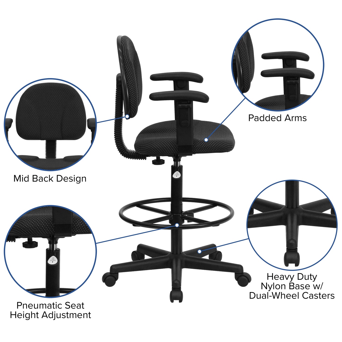 Bruce Black Patterned Fabric Drafting Chair with Adjustable Arms (Cylinders: 22.5''-27''H or 26''-30.5''H) Black Patterned