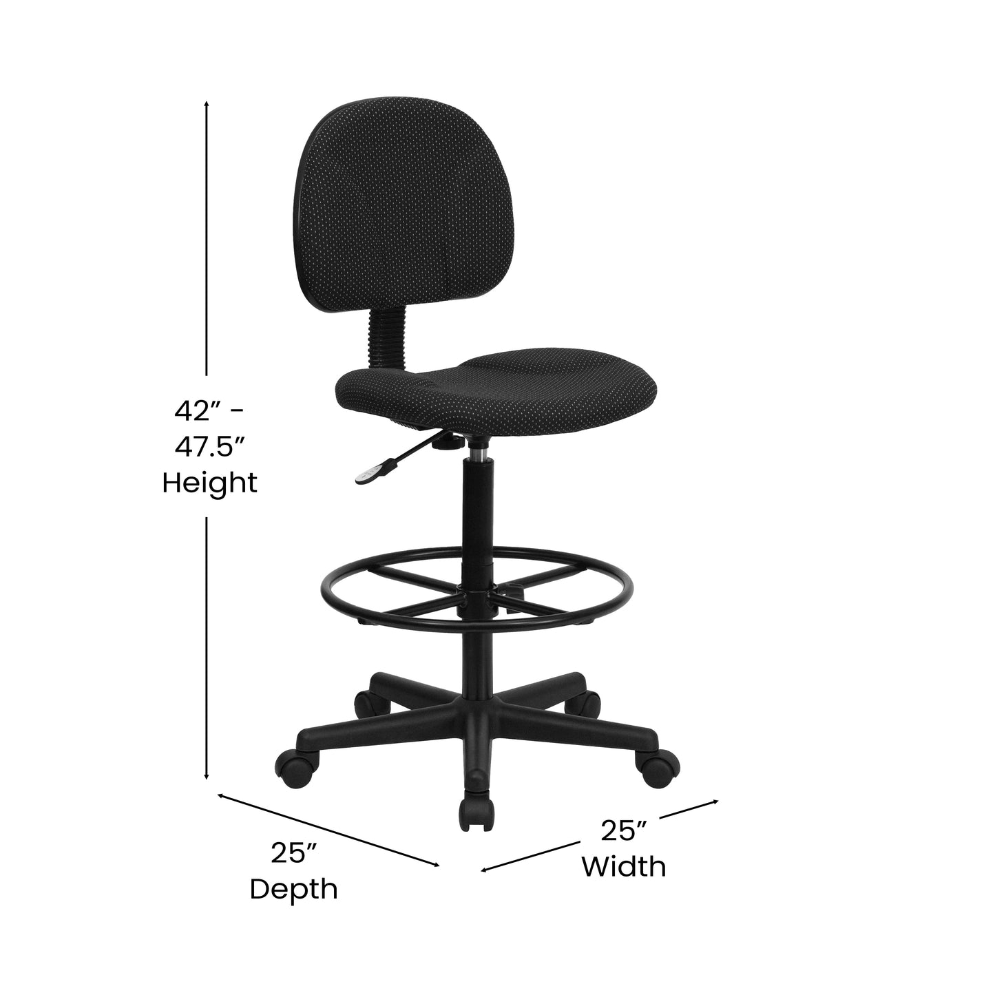 Bruce Black Patterned Fabric Adjustable Height Drafting Chair with Adjustable Foot Ring Black Patterned