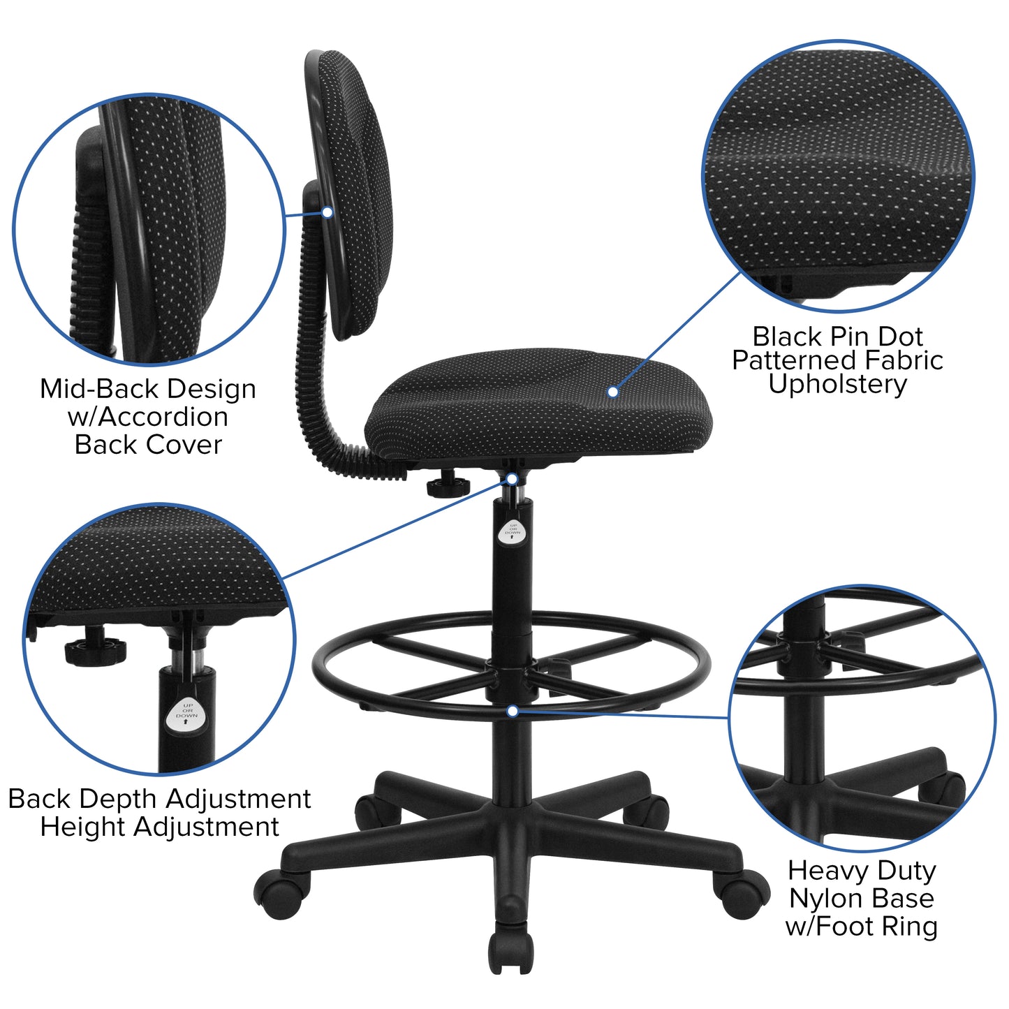 Bruce Black Patterned Fabric Adjustable Height Drafting Chair with Adjustable Foot Ring Black Patterned