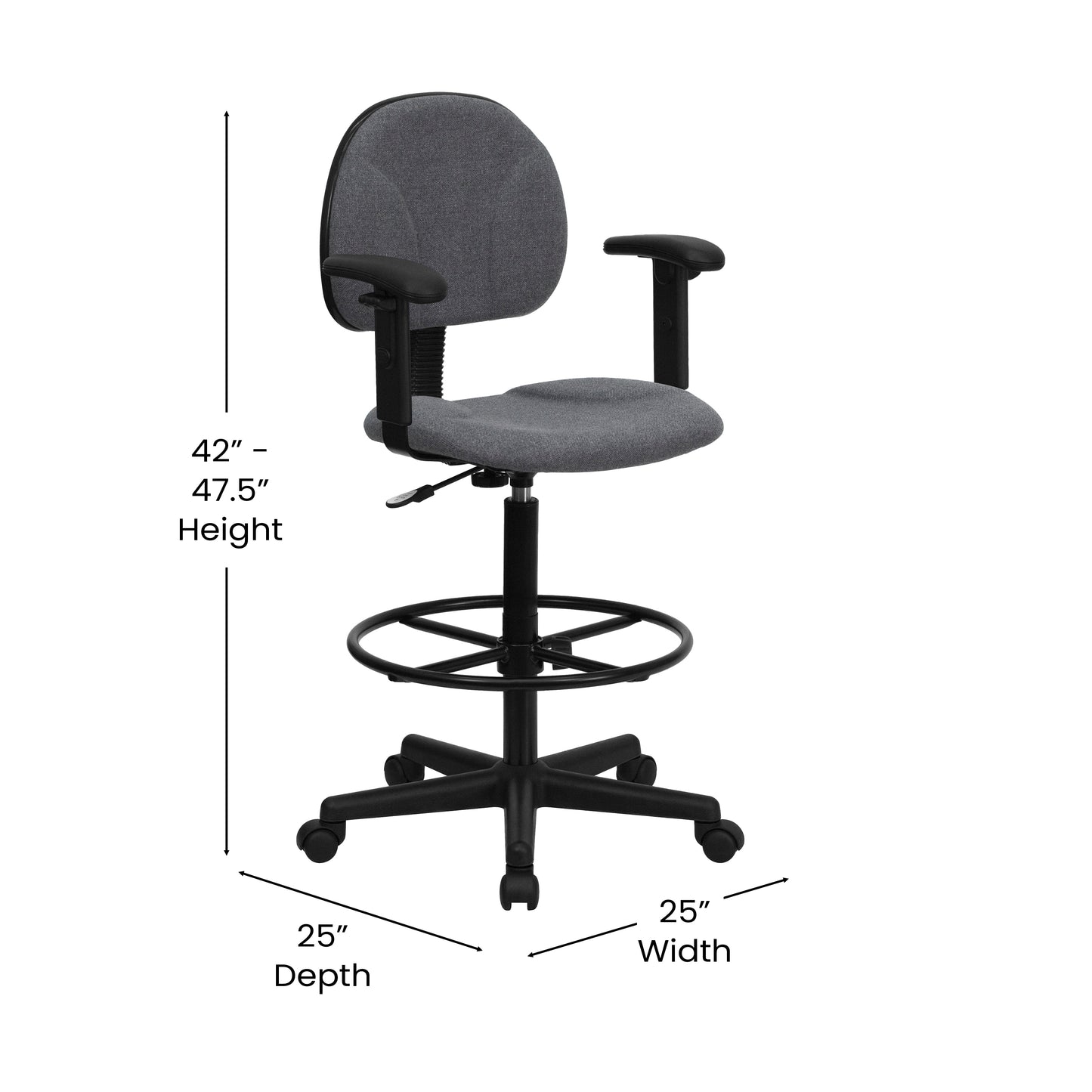 Bruce Gray Fabric Drafting Chair with Adjustable Arms (Cylinders: 22.5''-27''H or 26''-30.5''H) Gray BT-659-GRY-ARMS-GG