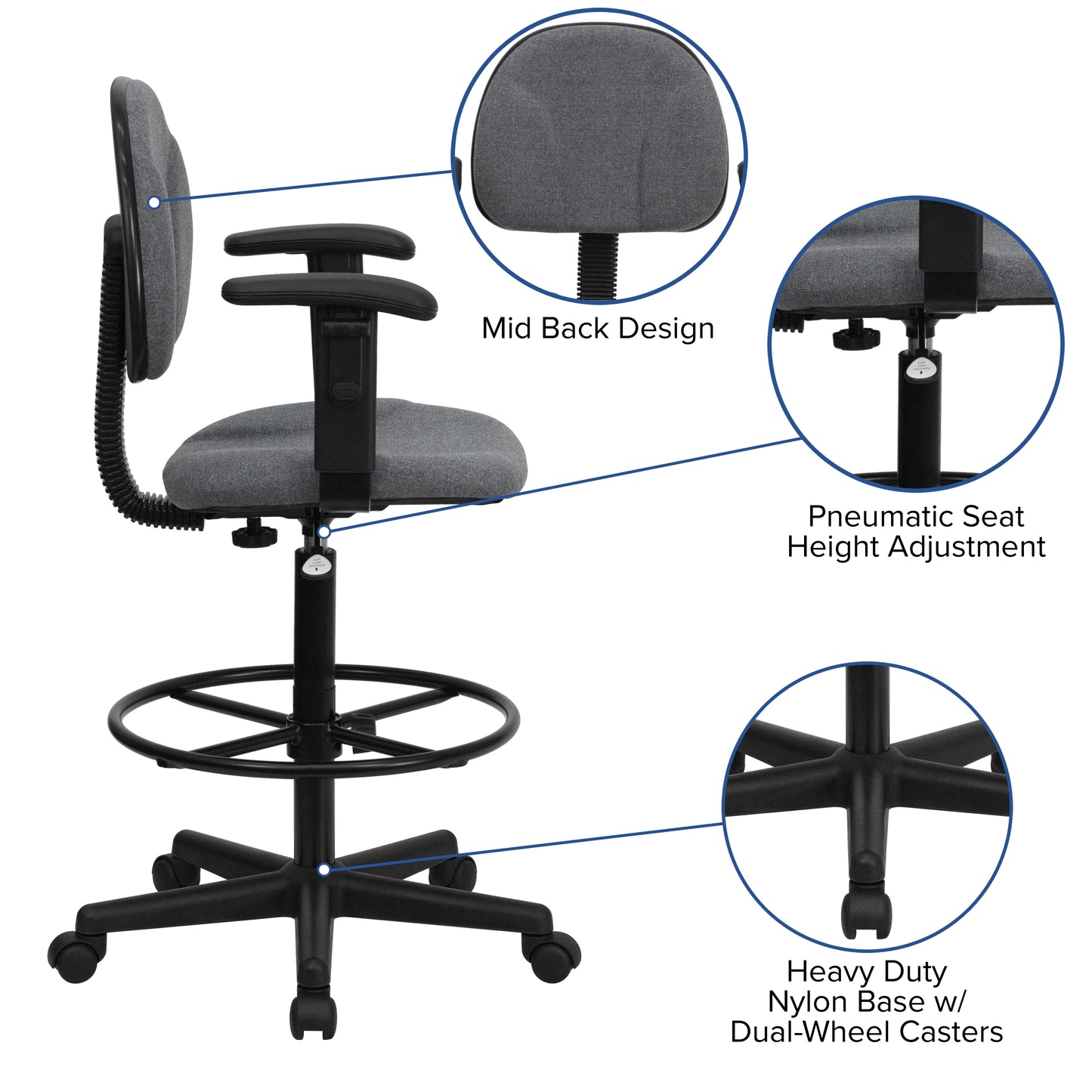 Bruce Gray Fabric Drafting Chair with Adjustable Arms (Cylinders: 22.5''-27''H or 26''-30.5''H) Gray BT-659-GRY-ARMS-GG