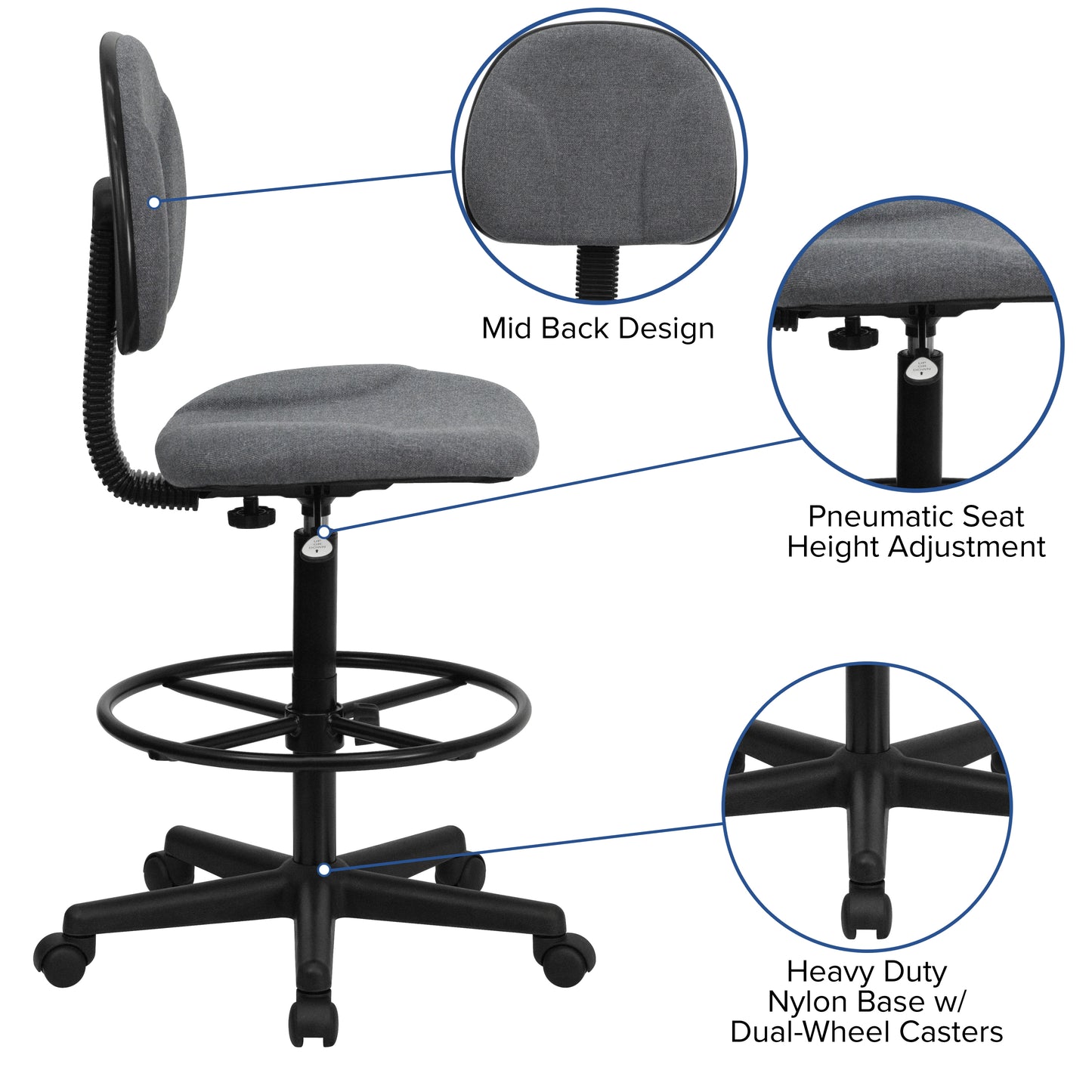 Bruce Gray Patterned Fabric Adjustable Height Drafting Chair with Adjustable Foot Ring Gray
