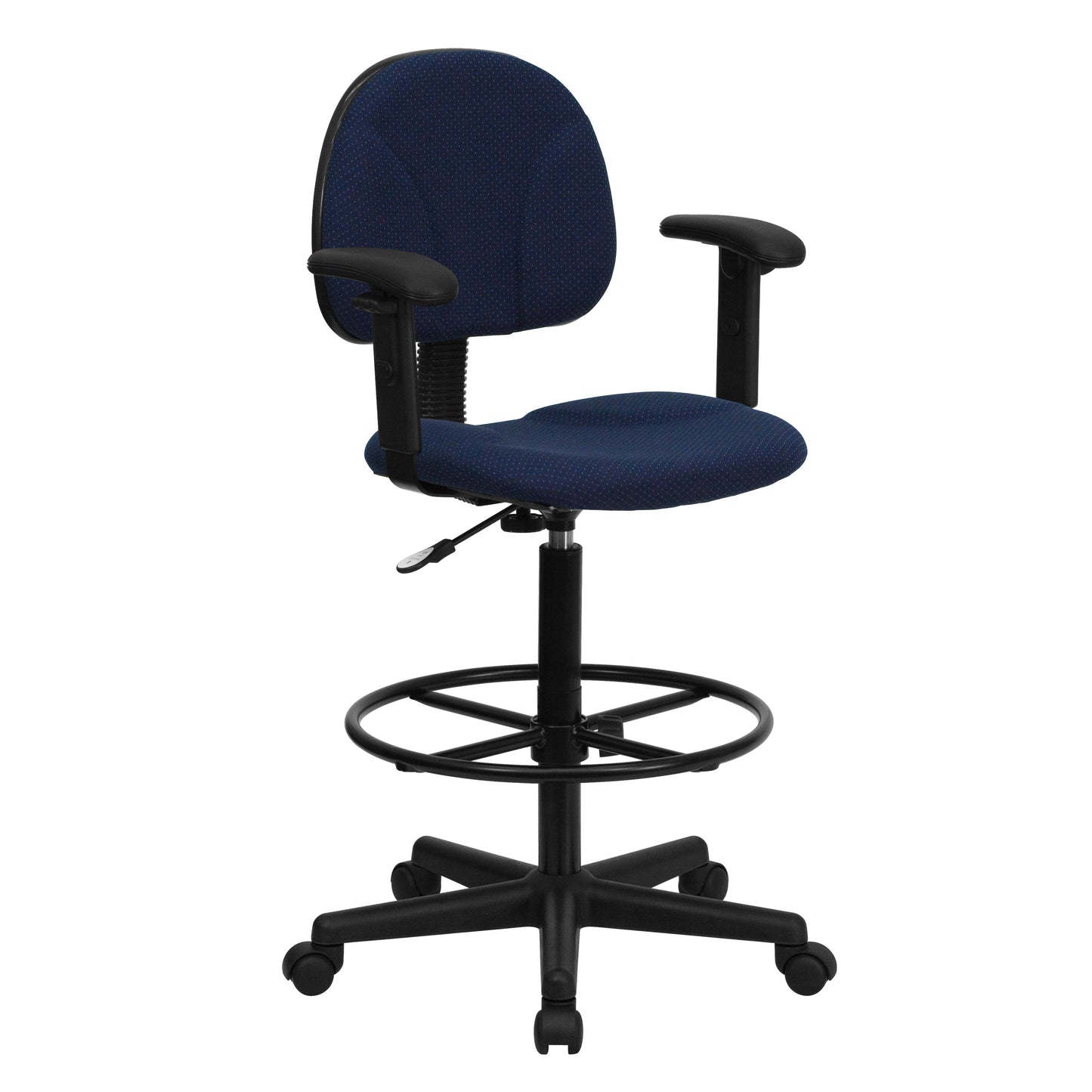 Bruce Navy Blue Patterned Fabric Drafting Chair with Adjustable Arms (Cylinders: 22.5''-27''H or 26''-30.5''H) Navy Blue Patterned BT-659-NVY-ARMS-GG