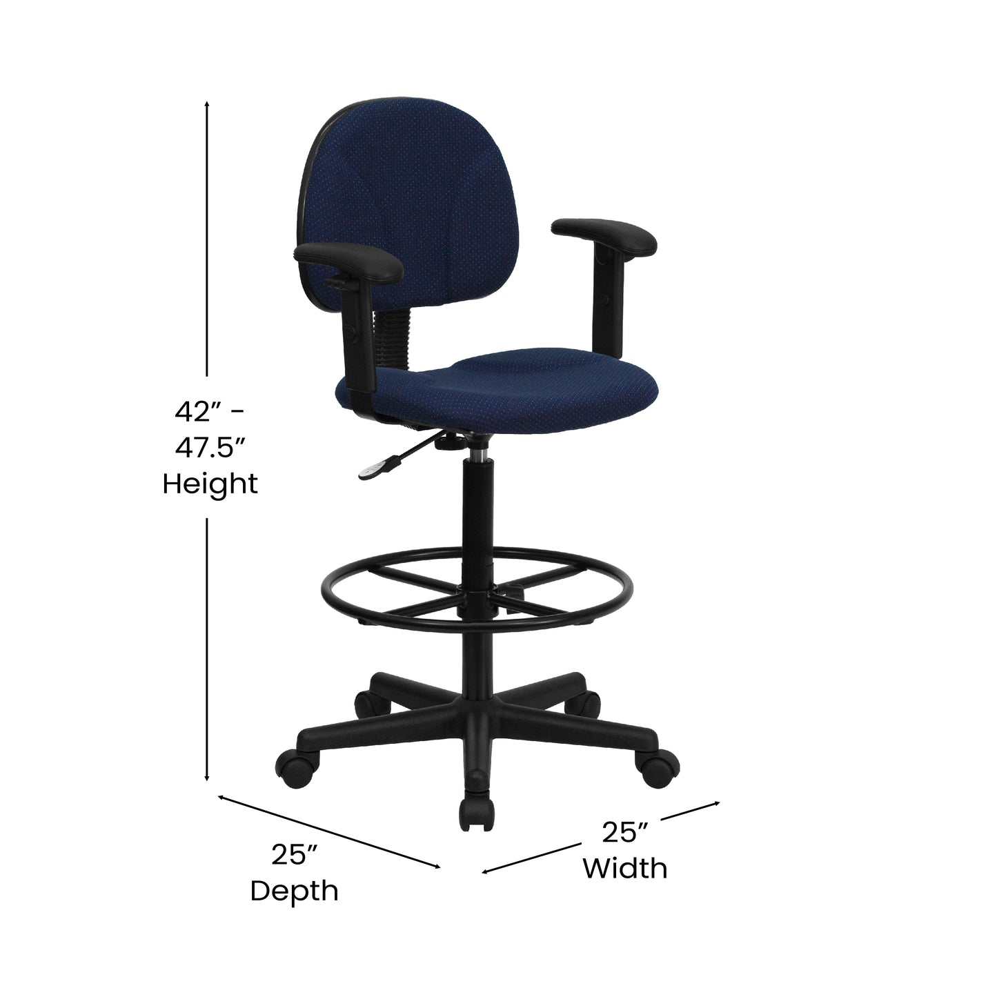 Bruce Navy Blue Patterned Fabric Drafting Chair with Adjustable Arms (Cylinders: 22.5''-27''H or 26''-30.5''H) Navy Blue Patterned BT-659-NVY-ARMS-GG