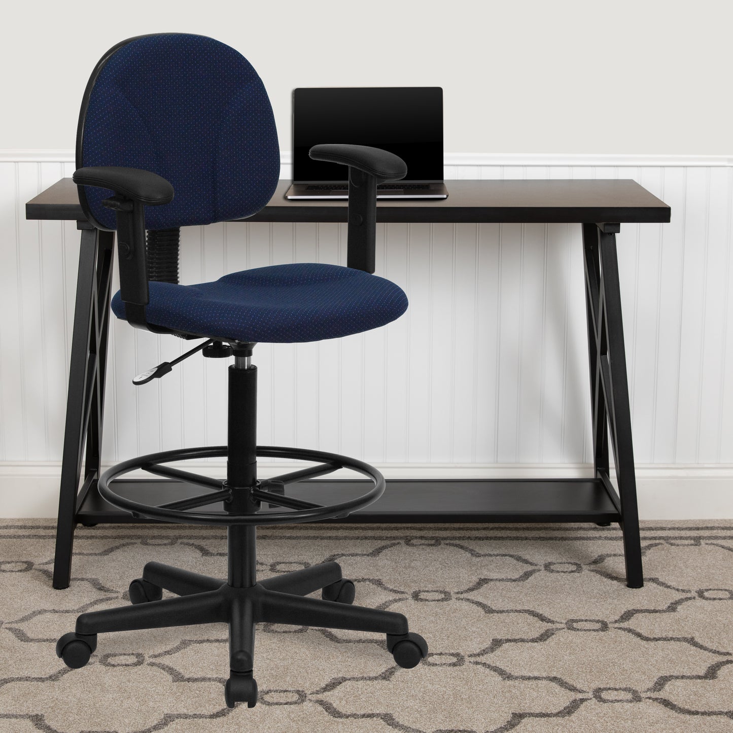 Bruce Navy Blue Patterned Fabric Drafting Chair with Adjustable Arms (Cylinders: 22.5''-27''H or 26''-30.5''H) Navy Blue Patterned BT-659-NVY-ARMS-GG