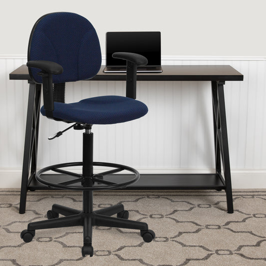 Bruce Navy Blue Patterned Fabric Drafting Chair with Adjustable Arms (Cylinders: 22.5''-27''H or 26''-30.5''H) Navy Blue Patterned