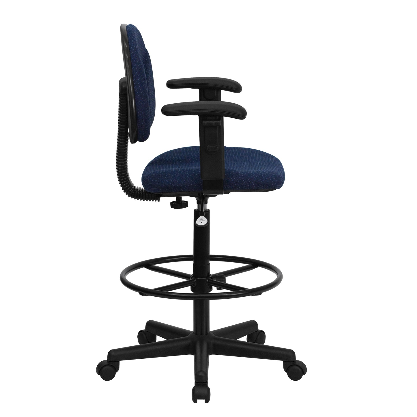 Bruce Navy Blue Patterned Fabric Drafting Chair with Adjustable Arms (Cylinders: 22.5''-27''H or 26''-30.5''H) Navy Blue Patterned BT-659-NVY-ARMS-GG