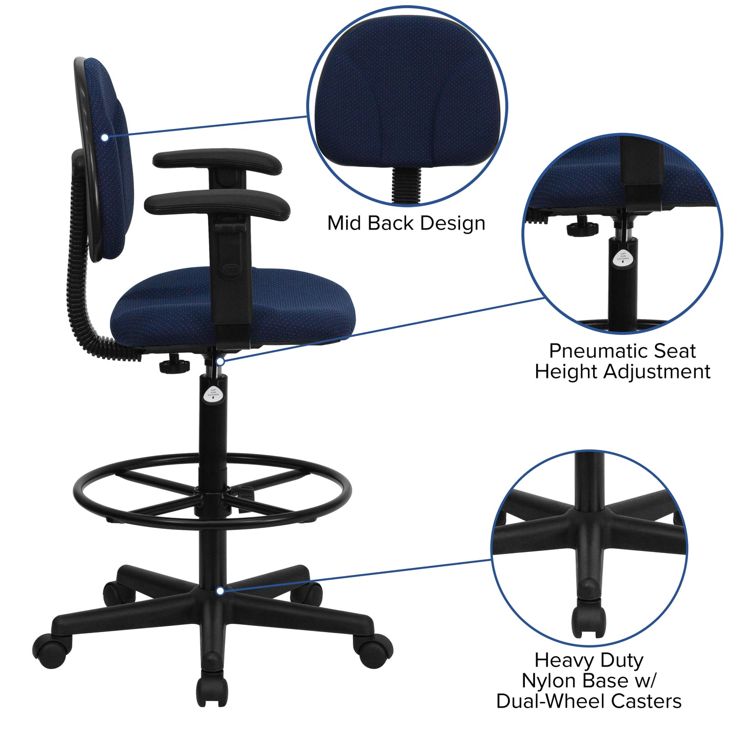 Bruce Navy Blue Patterned Fabric Drafting Chair with Adjustable Arms (Cylinders: 22.5''-27''H or 26''-30.5''H) Navy Blue Patterned BT-659-NVY-ARMS-GG