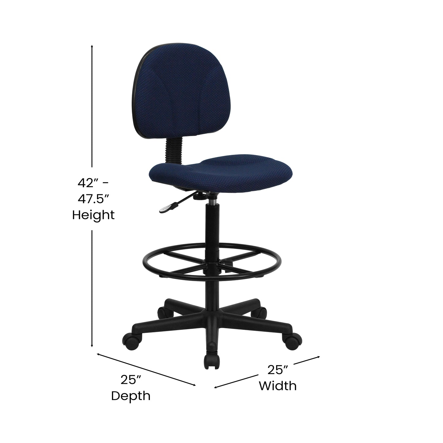 Bruce Navy Blue Patterned Fabric Adjustable Height Drafting Chair with Adjustable Foot Ring Navy Blue Patterned