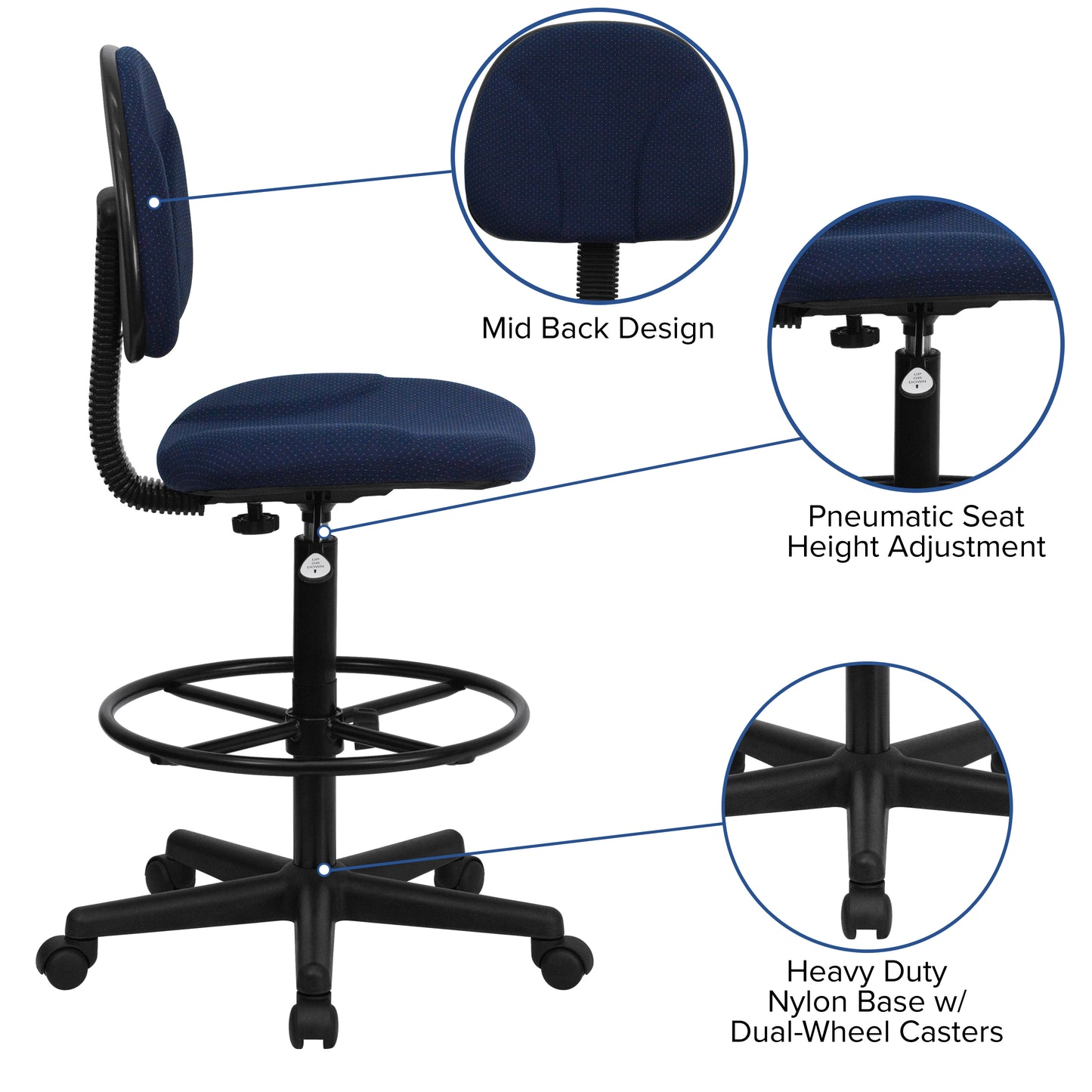 Bruce Navy Blue Patterned Fabric Adjustable Height Drafting Chair with Adjustable Foot Ring Navy Blue Patterned